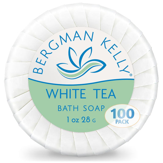 BERGMAN KELLY - Hotel Soap Bars - White Tea, 1 oz, 100 PK - Travel Size Luxury Bulk Amenities Bar Soap, Mini Individually Wrapped Round Soap - Small Toiletries for Airbnb, Motel, Guest Bathroom