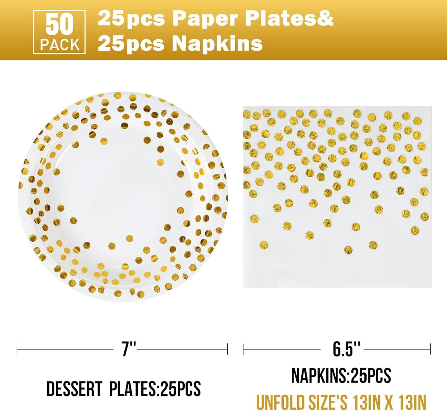 White and Gold Paper Plates and Napkins-50 Pack- 25 * 7inch Paper Plates & 25 * 6.5inch Napkins,Disposable Party Supplies for Birthdays Weddings Receptions and All Occasions