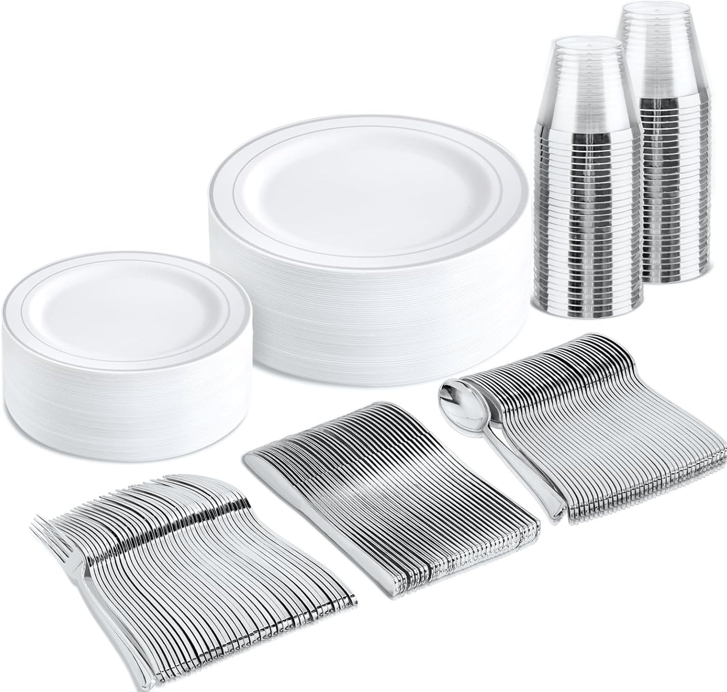 bUCLA 150-Piece Silver Disposable Dinnerware Set - White Plastic Plates with Silver Rim - Include 25 Dinner Plates, 25 Dessert Plates, 25 Forks, 25 Knives, 25 Spoons & 25 Cups for Party & Christmas