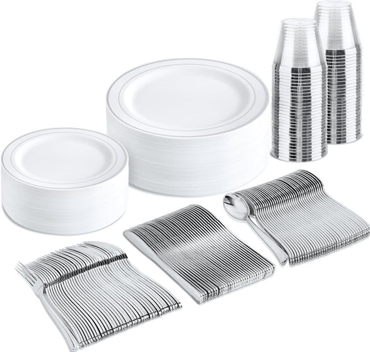 bUCLA 150-Piece Silver Disposable Dinnerware Set - White Plastic Plates with Silver Rim - Include 25 Dinner Plates, 25 Dessert Plates, 25 Forks, 25 Knives, 25 Spoons & 25 Cups for Party & Christmas
