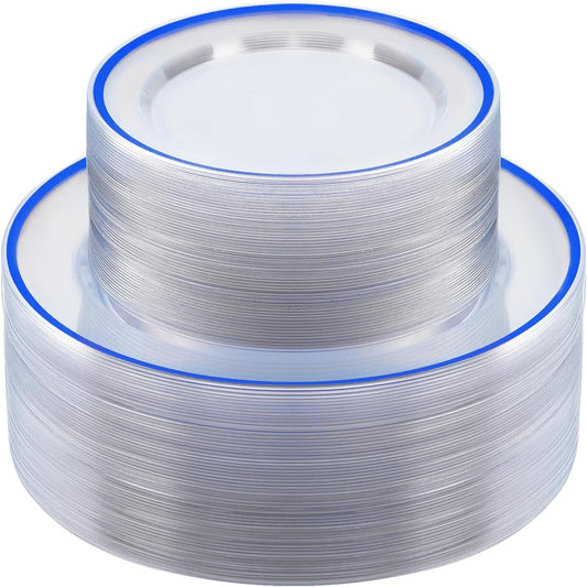 100PCS Blue and Clear Plastic Plates, Disposable Plate Set with 50 Dinner Plates and 50 Dessert Plates for Party, National Day, Memorial Day