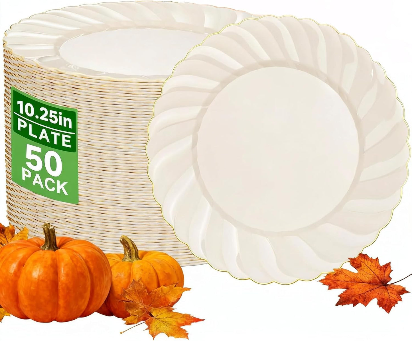 YOUBET 50 Pack Ivory Scalloped Plastic Plates 10.25 Inch Ivory Disposable Plates with Gold Rim - High End Elegant Vintage Dinner Plate for Birthday Parties & Wedding Thanksgiving