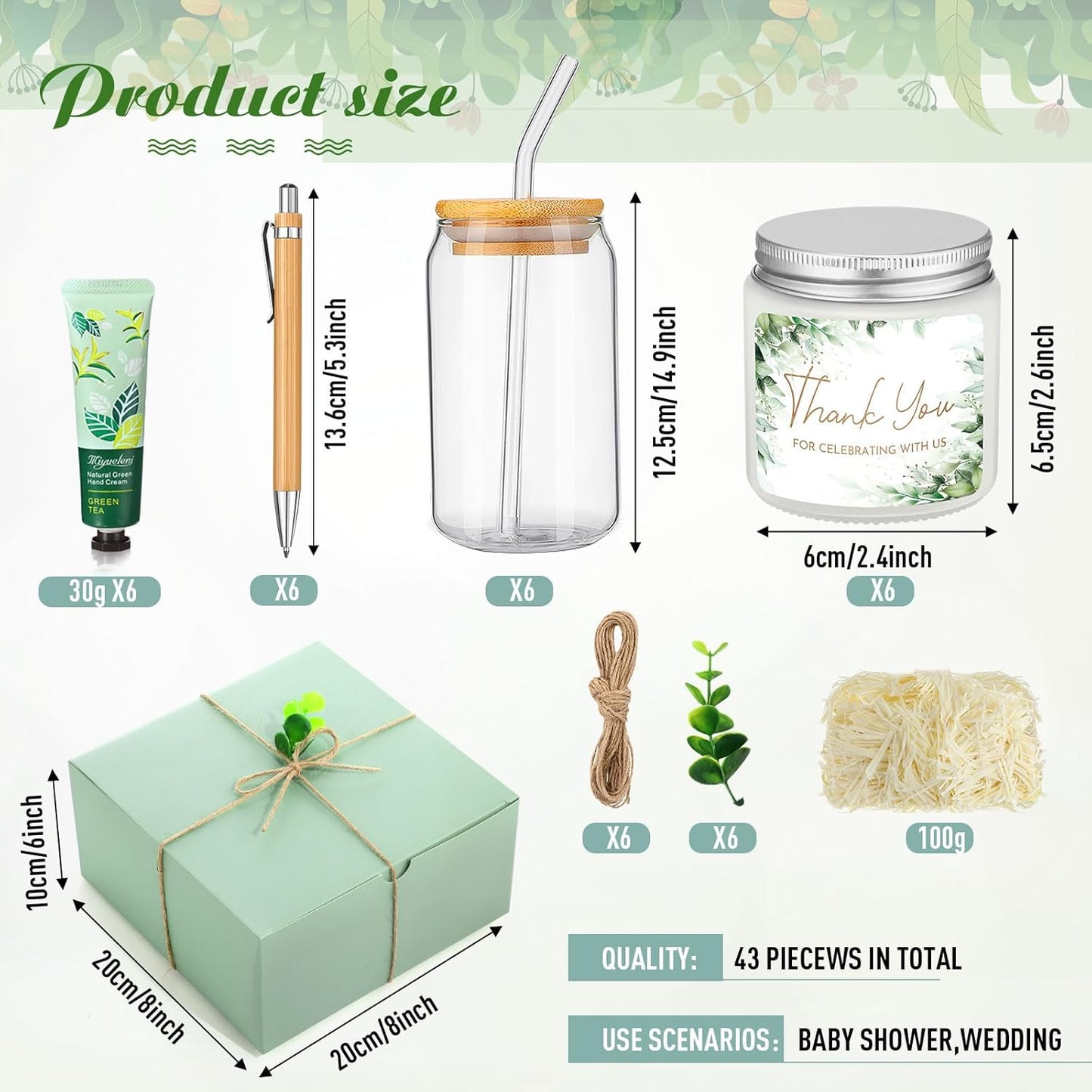 6 Sets Baby Shower Game Prizes for Winners, Glass Cup Scented Candles Hand Cream Pens Gift Box with Raffia for Baby Shower Wedding Bridal Favors for Guests(Green)