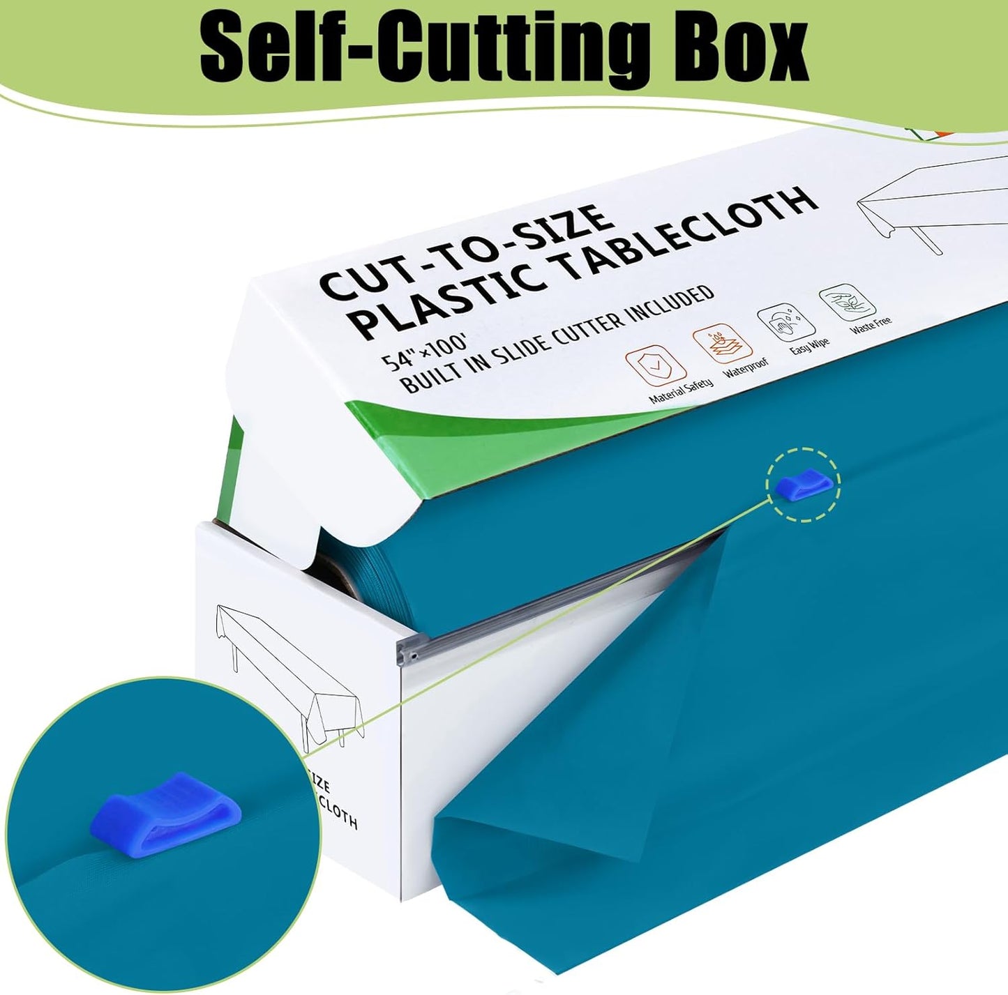 Smiry 54 Inch x 100 Feet Disposable Table Cover Roll, Aqua Plastic Table Cloth in Cut-to-Size Box with Slide Cutter, Waterproof Rectangle Tablecloths for Weddings, Banquets, Outdoor