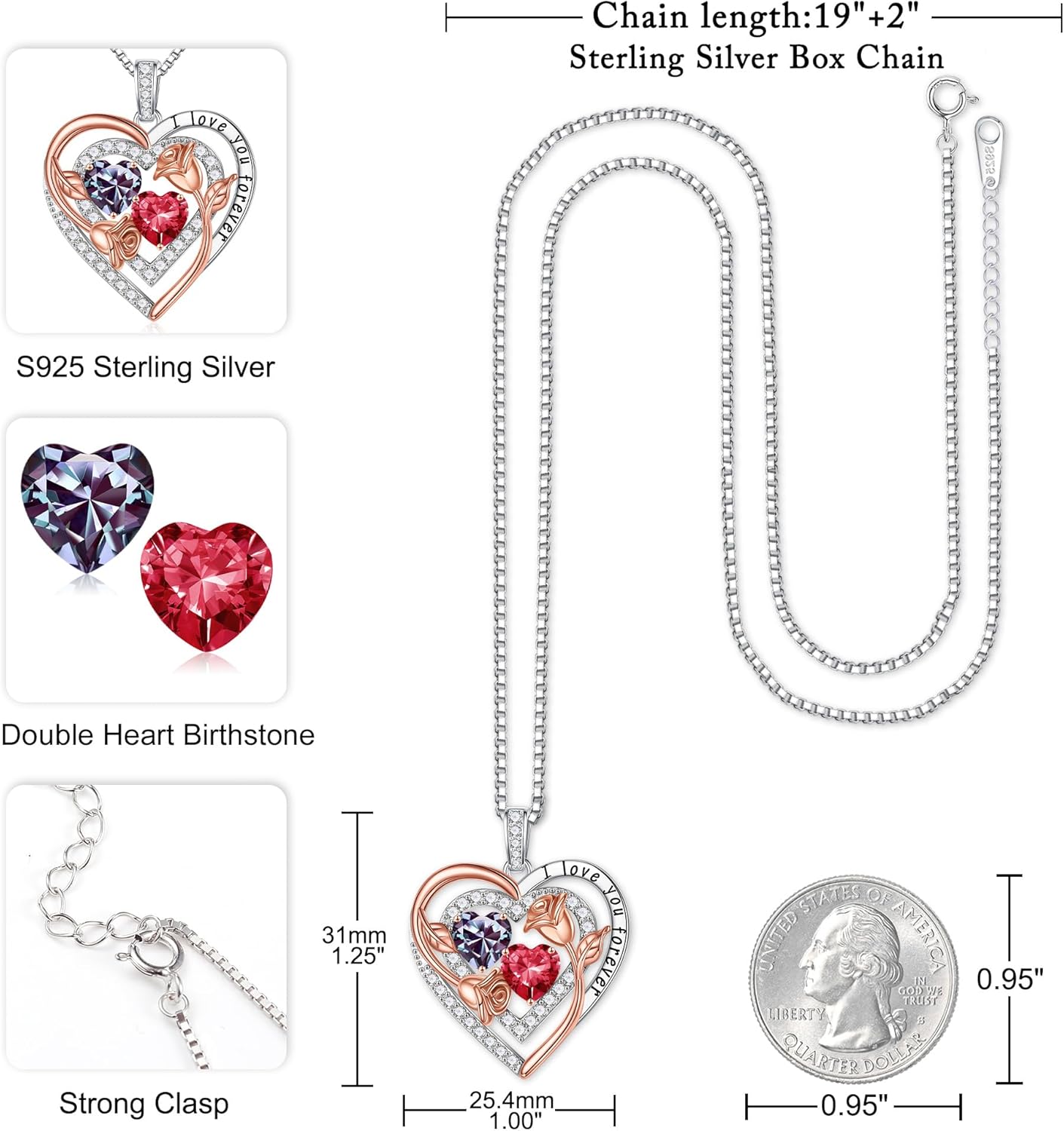 Iefil Birthstone Necklace for Women - Sterling Silver Birthstone Necklace Anniversary Birthday Gifts for Her Wife Mom Daughter