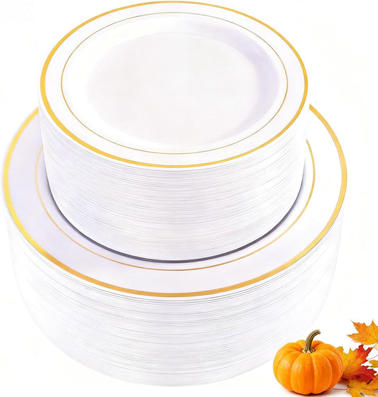 WDF 120 pieces Gold Disposable Plastic Plates - White and Gold Plates Include 10.25" Dinner Plate & 7.5" Salad Plate for Thanksgiving Weddings/Party
