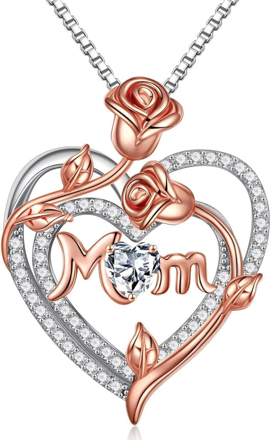 Iefil Christmas Gifts for Mom- 925 Sterling Silver Necklace, Rose Heart Birthstone Necklace, Stocking Stuffers for New/Step/Bonus Mom/Mother in Law