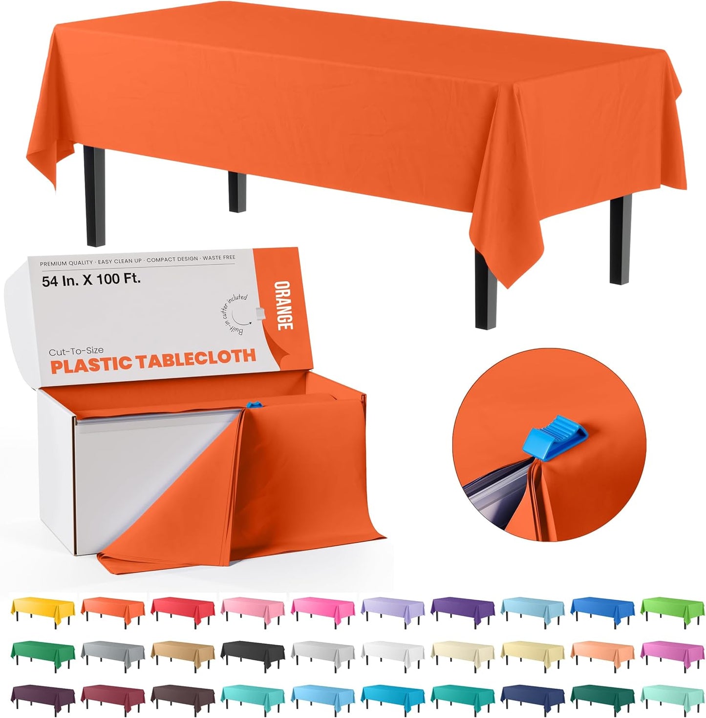 Party Solids 54 Inch X 100 Feet Orange Plastic Table Cover Roll in A Cut - to - Size Box with Convenient Slide Cutter. Cuts Up to 12 Rectangle 8 Feet Plastic Disposable Tablecloths