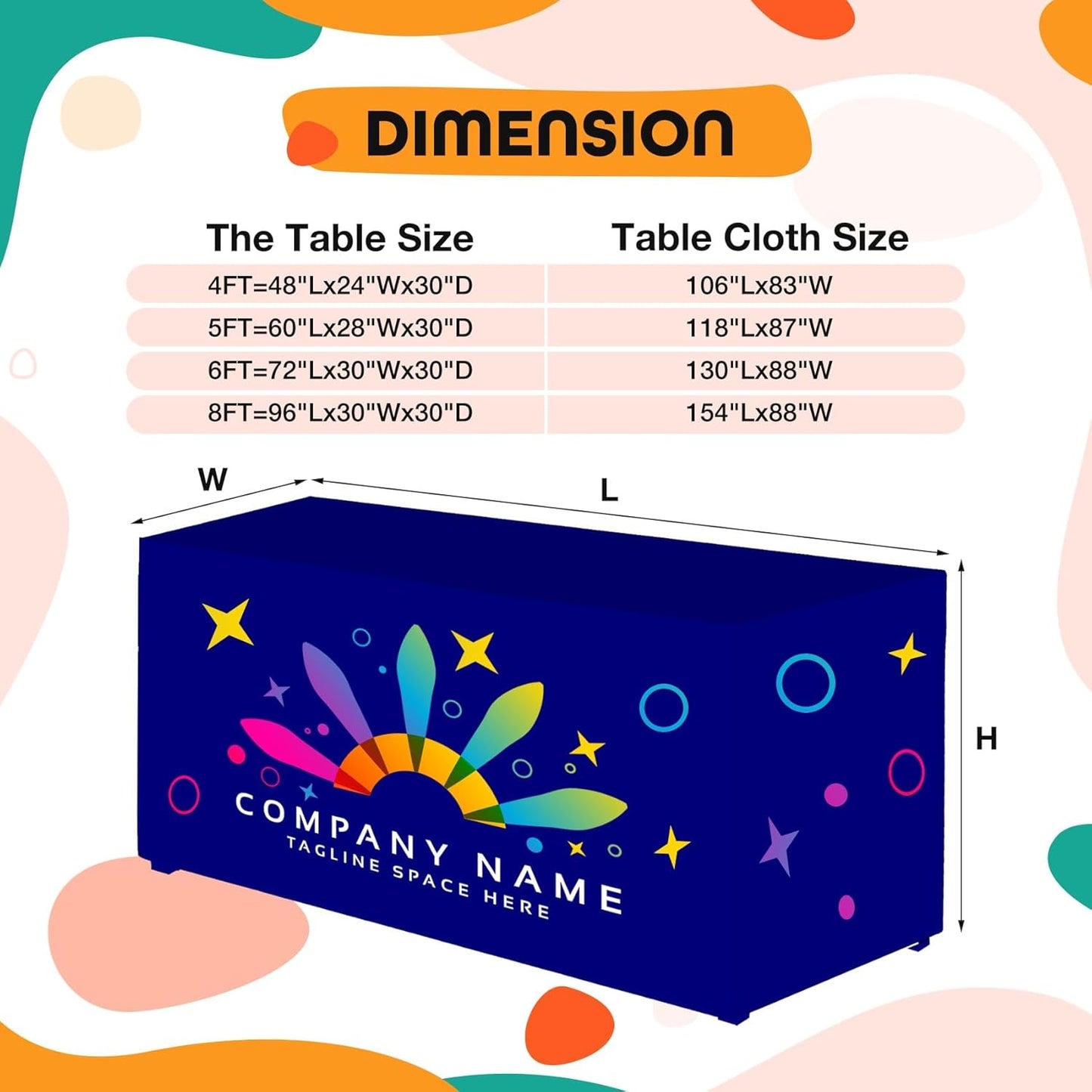 Custom Table Cloth with Business Logo Rectangle 8FT Open Back Customized Cover Tablecloth with Text Image Photo Sign Personalized TableRunner for Event Tradeshow Vendor