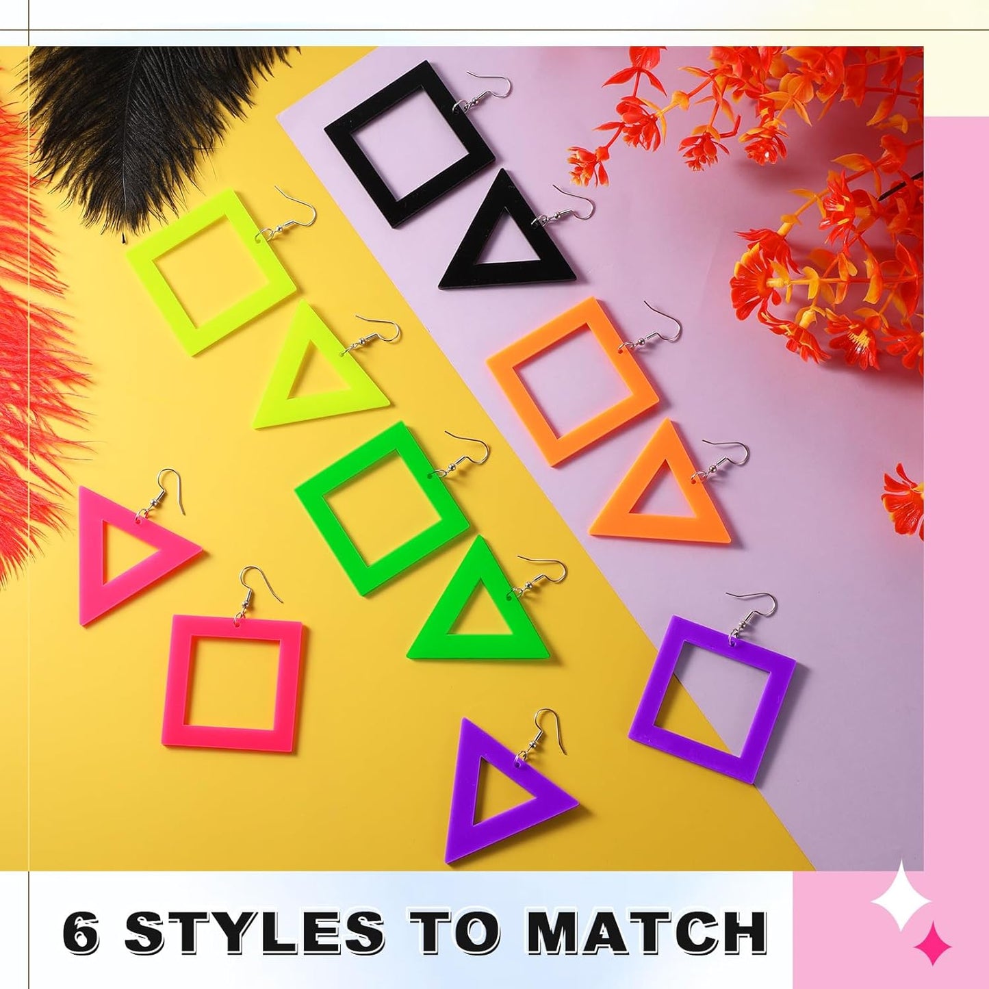 Yinkin 6 Pairs 80s 90s Neon Earrings Lightning Earrings for Women Halloween Costume Party Dancing Glow Party Accessory