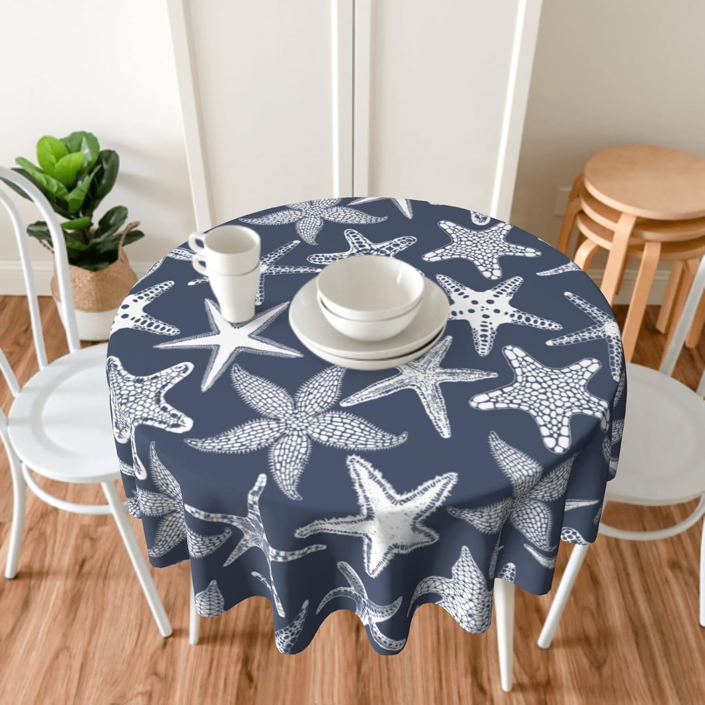 Giwawa 60Inch Navy Blue Starfish Round Tablecloth, Summer Nautical Coastal Decorative Circle Table Cover, Dustproof Washable Table Cloth Polyester for Kitchen Dining Party Picnic Season
