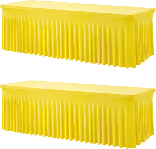 2 Pack Yellow Spandex Table Clothes for 8 Foot Rectangle Tables, Wrinkle Free Lemon Fitted Tablecover 8ft Stretchy Tablecloths with Skirt for Parties Weddings Birthday Banquet Baby Shower