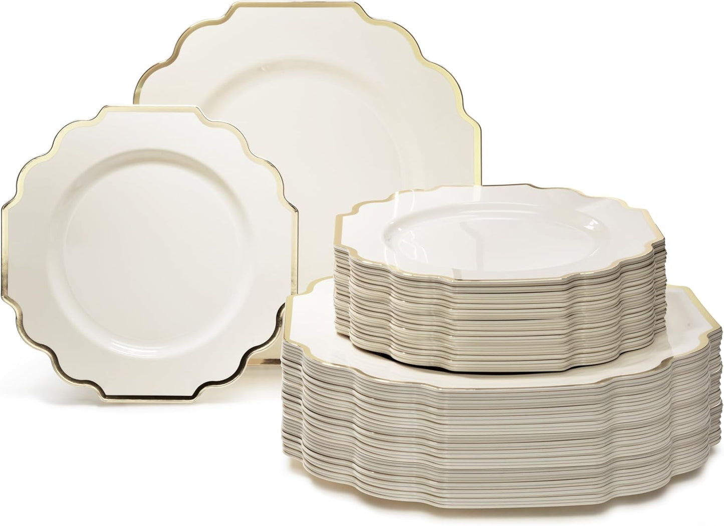 " OCCASIONS " 120 Plates Pack,(60 Guests) Heavyweight Wedding Party Disposable Plastic Plates Set -60 x 10.5'' Dinner + 60 x 8'' Salad/Dessert Plate (Imperial Ivory & Gold)