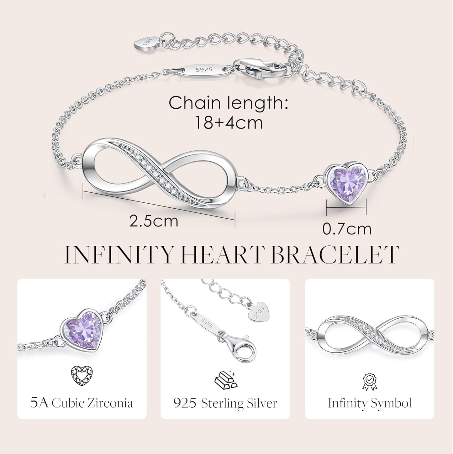 CDE Infinity Heart Birthstone Charm Link Bracelet for Women 925 Sterling Silver Adjustable Mother's Day Christmas Day Gift Anniversary Birthday Jewelry for Wife Girlfriend Her