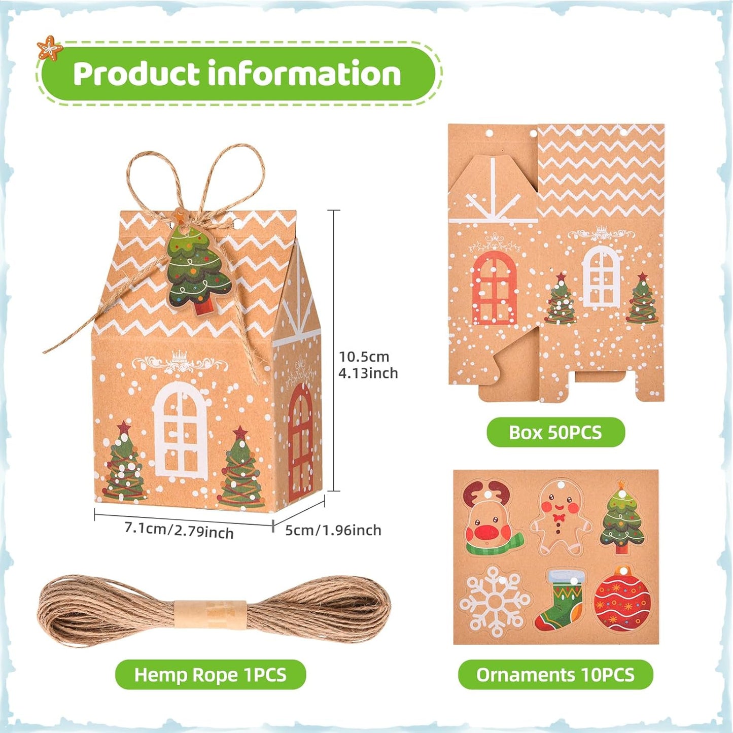 50 Christmas Gift Bags Cookie Boxes, Christmas gift Goody Boxes, Creative sticker House shaped food Storage Wedding gifts or Baby Shower Party Favors