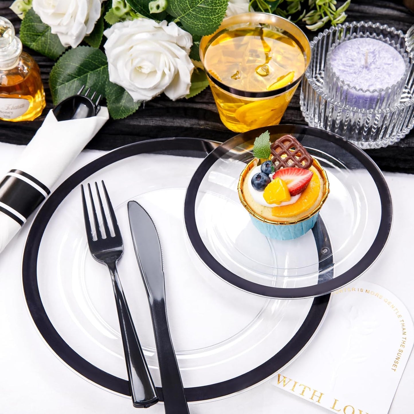 Liacere 350PCS - Clear Plates with Black Rim for 50Guests Dinnerware Include 100 Clear Plates disposable 150 Black Silverware 50 Napkins for Party&New Year