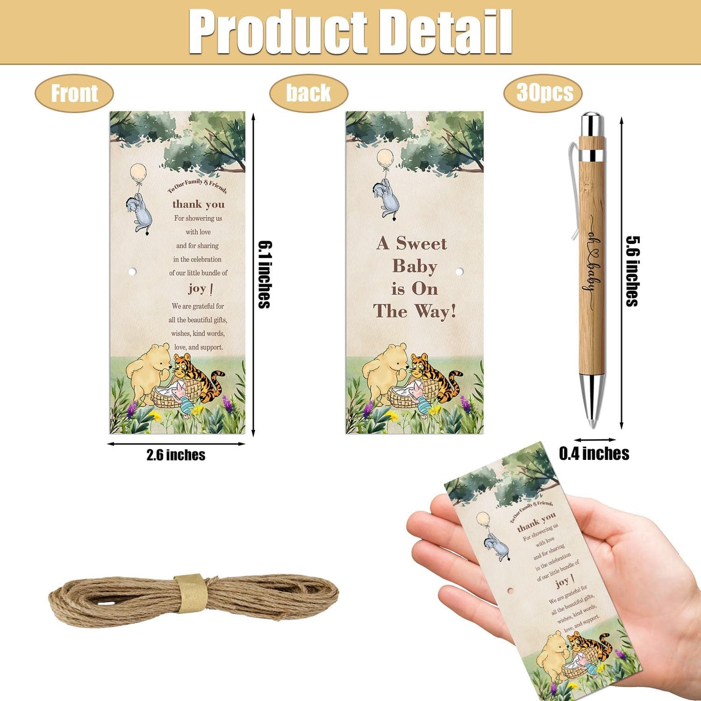 30 Pieces Baby Shower Gifts for Guests, Winnie Baby Shower Sets, Included Bamboo Pens Greeting Cards for Games, Gender Reveal Souvenirs Prizes, Winnie Baby Shower Decorations