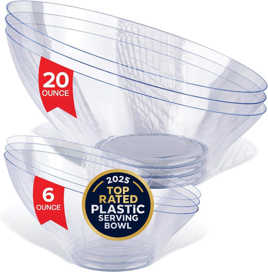 Multi-Pack Clear Plastic Serving Bowls (8 Pack) 4 x 6oz Small Disposable Candy Dishes, 4 x 20oz Medium Buffet Containers, Chips, Popcorn, Snacks, Salad Bar, Parties, Bridal Shower, Party Supplies