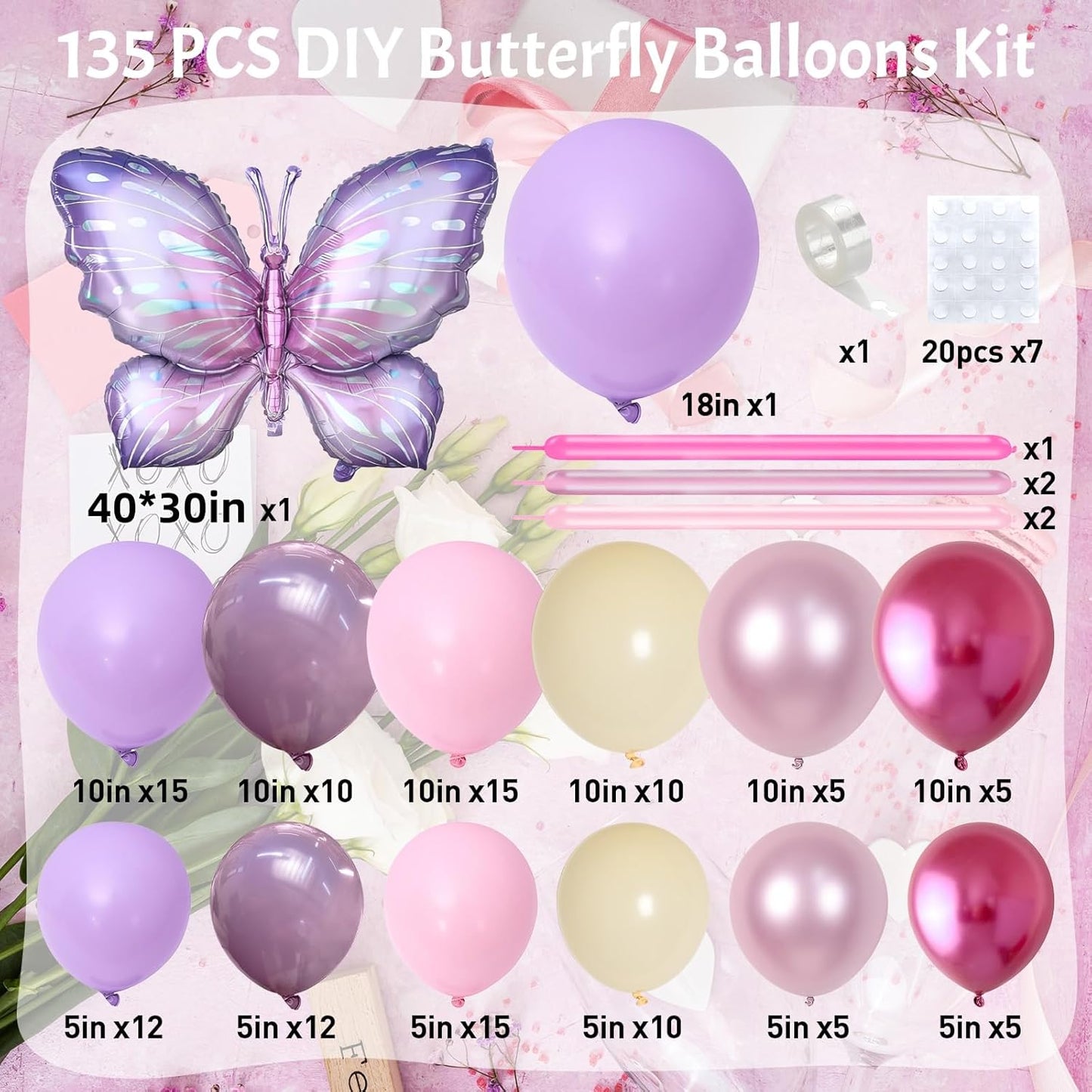 Butterfly Balloon Arch Kit, 135 PC Purple and Purple Butterfly Fairy Birthday Balloons Garland, Metallic Pink Cream Balloons Foil Balloons, Fairy Theme Baby Shower Birthday Decorations for Girls