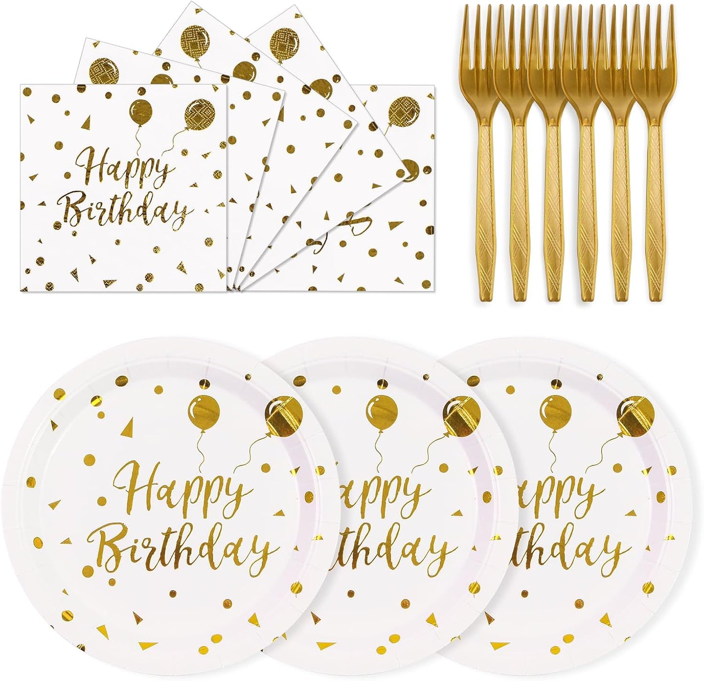 75PCS Happy Birthday Paper Plates - 7 Inch White Gold Dot Paper Plates and 6.5 Inch Napkins with 6.3 Inch Forks Disposable Tableware Set for Birthday Party Decorations, Serves 25