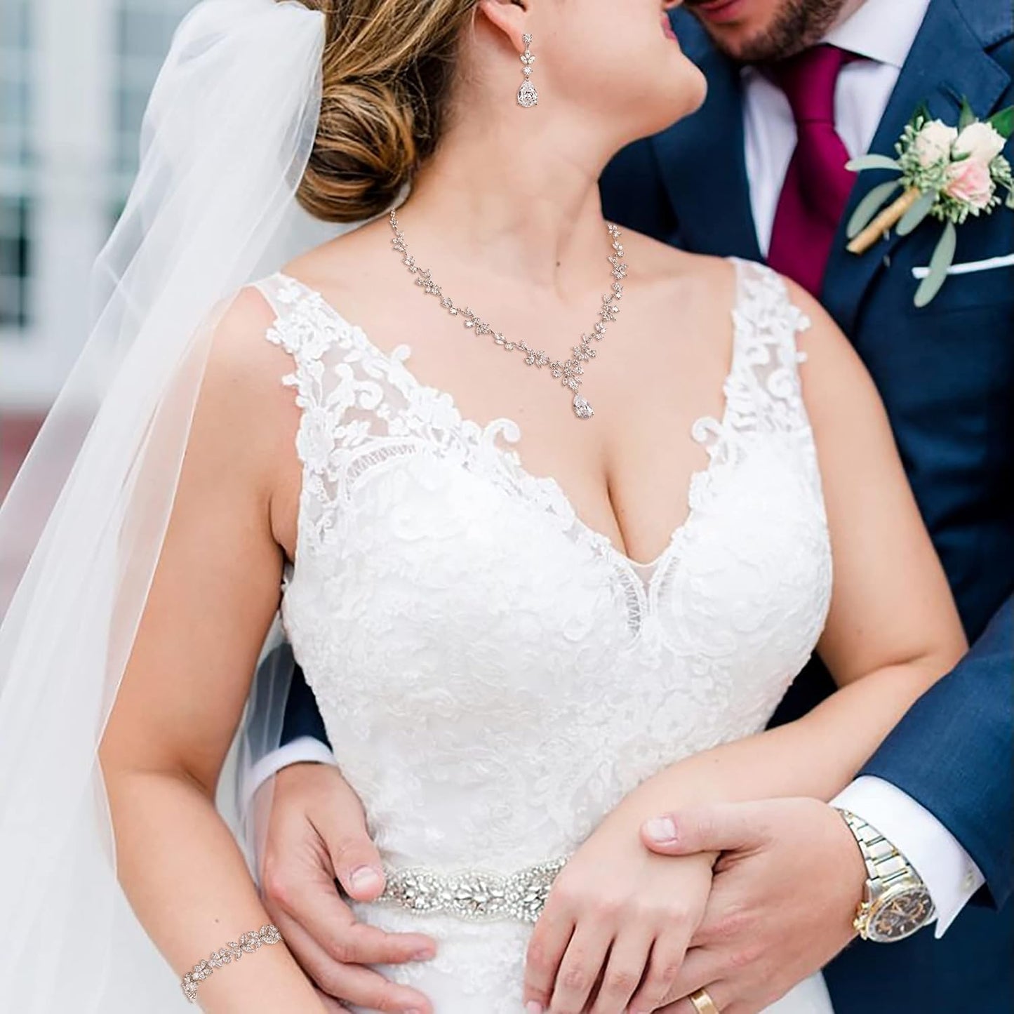 EVER FAITH Bridal Jewelry Set for Bride Bridesmaid, Flower Leaf Teardrop Cubic Zirconia Necklace Dangle Earrings Bracelet Sets Wedding Party for Women