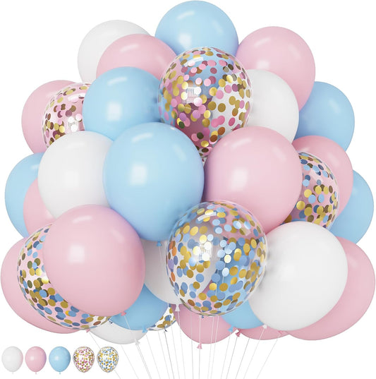 Pink and Blue Balloons 12 Inch Pastel Light Baby Blue Pink White Party Balloon with Confetti Latex Balloons for Gender Reveal Boy or Girl Princess Birthday Bridal Baby Shower Party Decorations