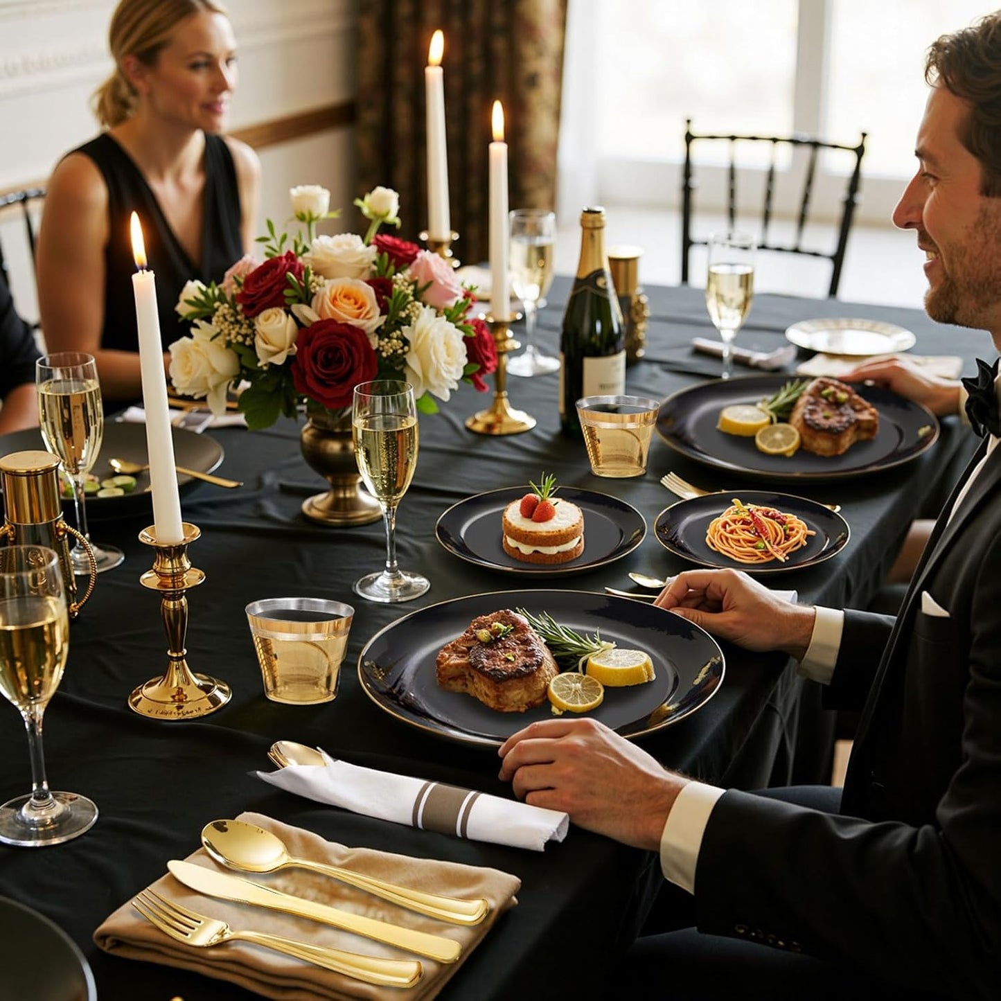 KIRE 175Pcs Black Plates Disposable - Heavy Duty Black and Gold Plastic Plates- 25 for Dinner 25 for Dessert 25 Pre Rolled Gold Silverware and 25 Cups for New Year/Birthday Party