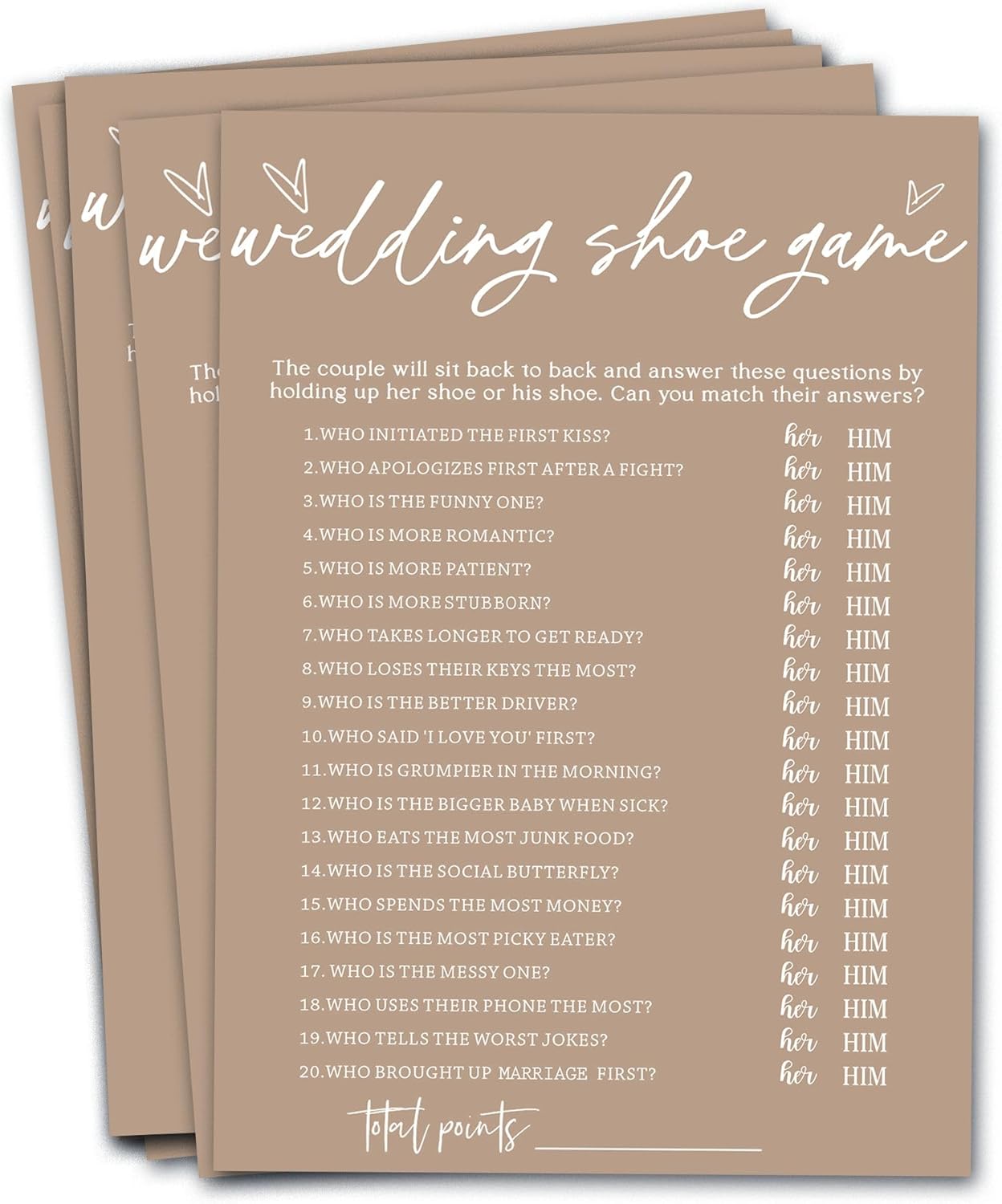 Bridal Shower Games Cards - Wedding Shoe Game for 25 Guests, Engagement Party Games, Minimalist Brown Party Supplies - D04