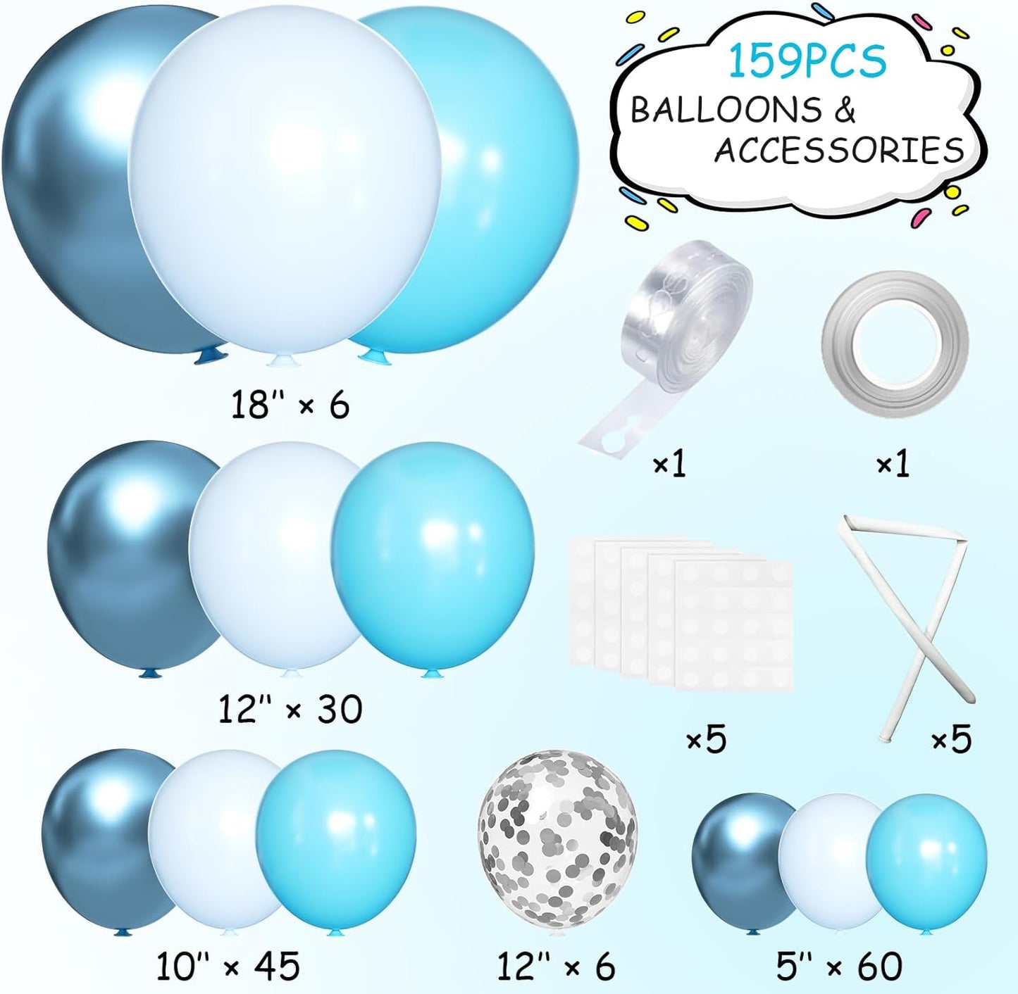 Blue Balloons Garland Arch Kit, 147 Pcs Metallic Macaron Light Blue and Confetti Silver Balloons for Baby Shower Birthday Wedding Ocean Themed Party Background Decoration