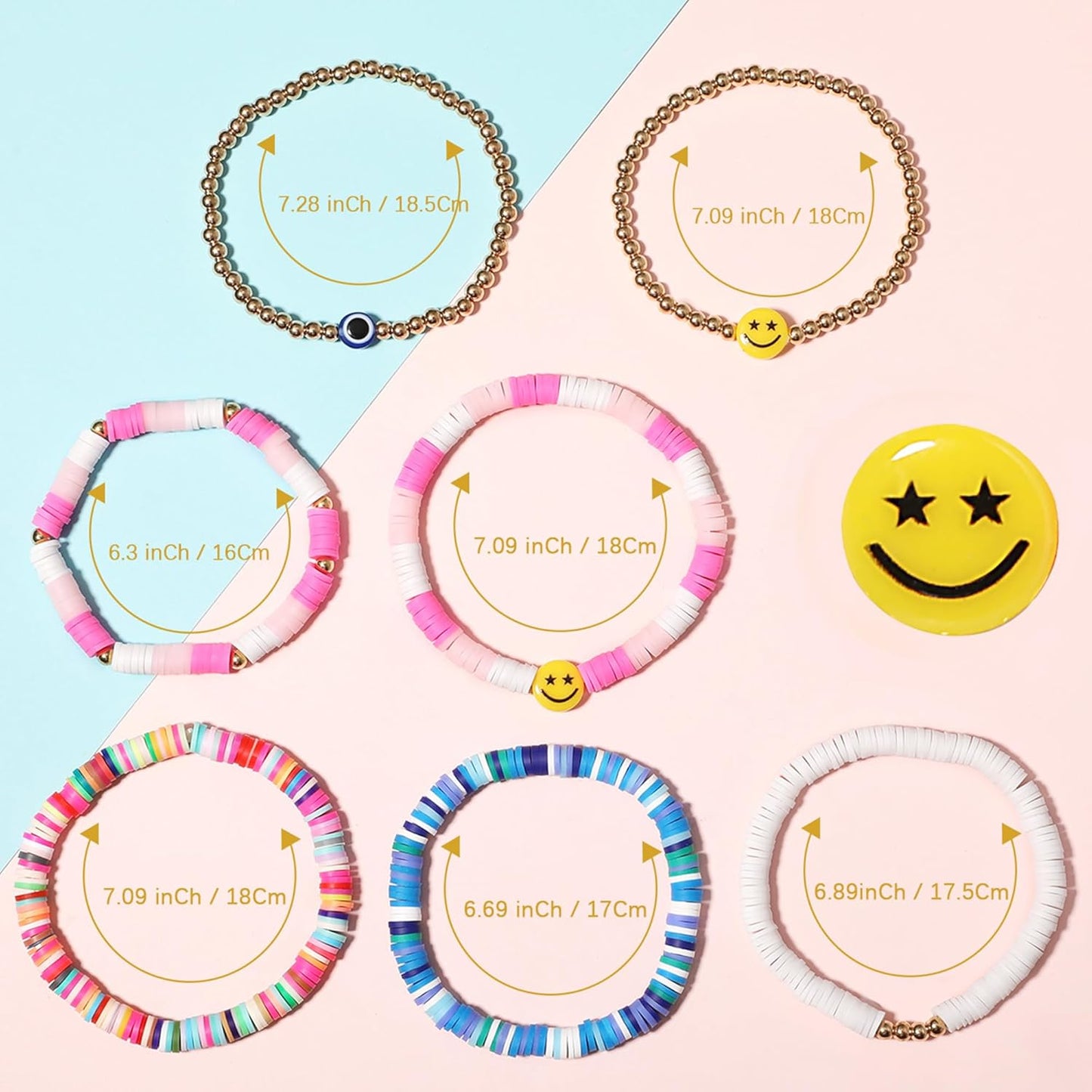 Preppy Bracelets Set Colorful White Gold Smile Heart Star Polymer Beaded Pearl Clay Stackable Charm Y2K Kidcore Aesthetic Summer Beach Bohemian Stretch Layering Bracelets Jewelry for Girls Women Teens