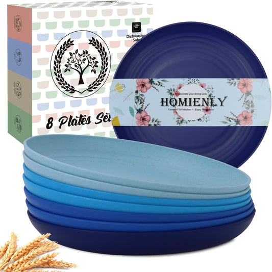 Homienly Wheat Straw Salad & Dessert Plates Set - Unbreakable, Reusable, 8-10 inch, Blue Series
