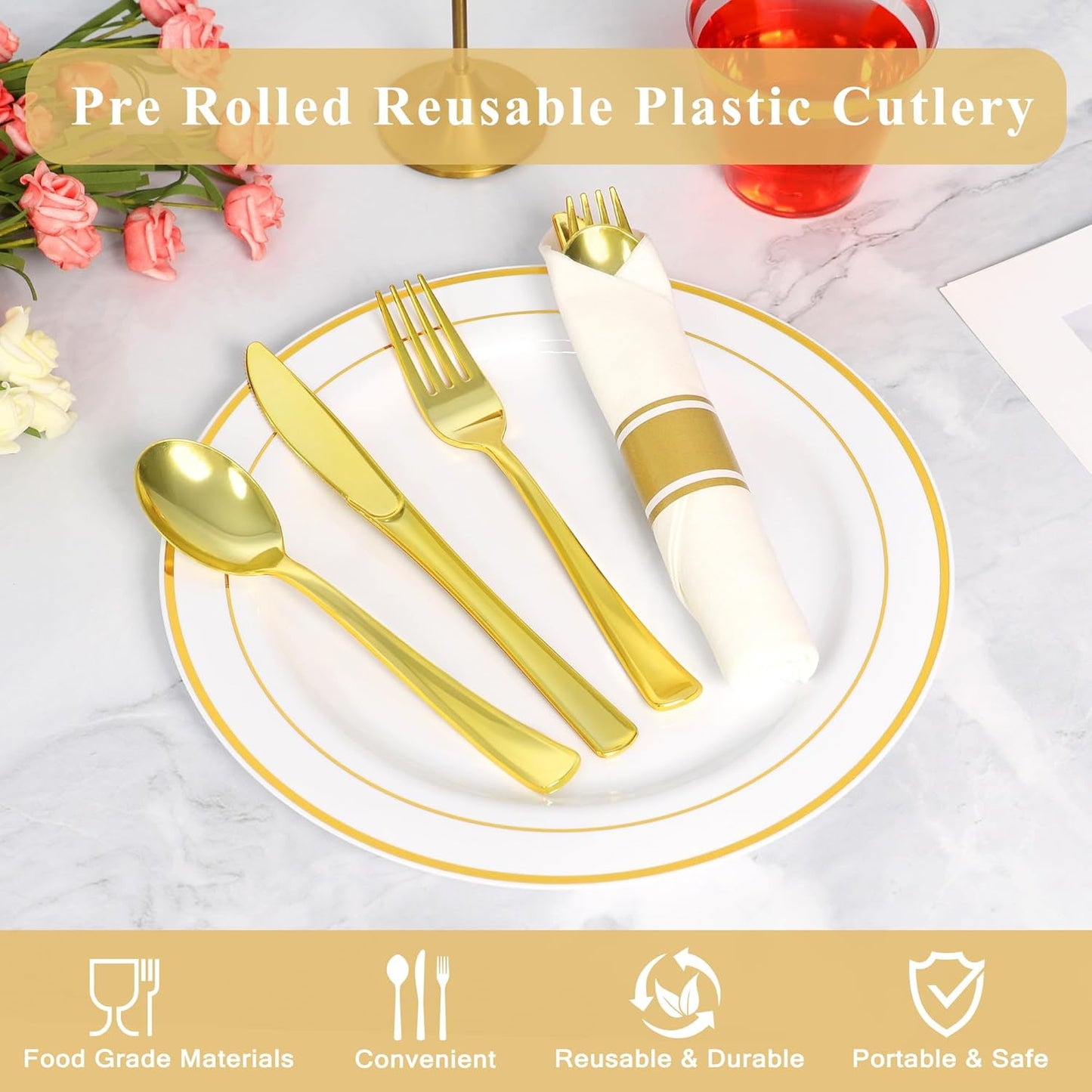 100 Pack Pre Rolled Gold Plastic Silverware Set,Wrapped Plastic Cutlery Set with Napkin Include 100 Forks,100 Spoons,100 Knives and 100 White Napkins for Party, Wedding,showers