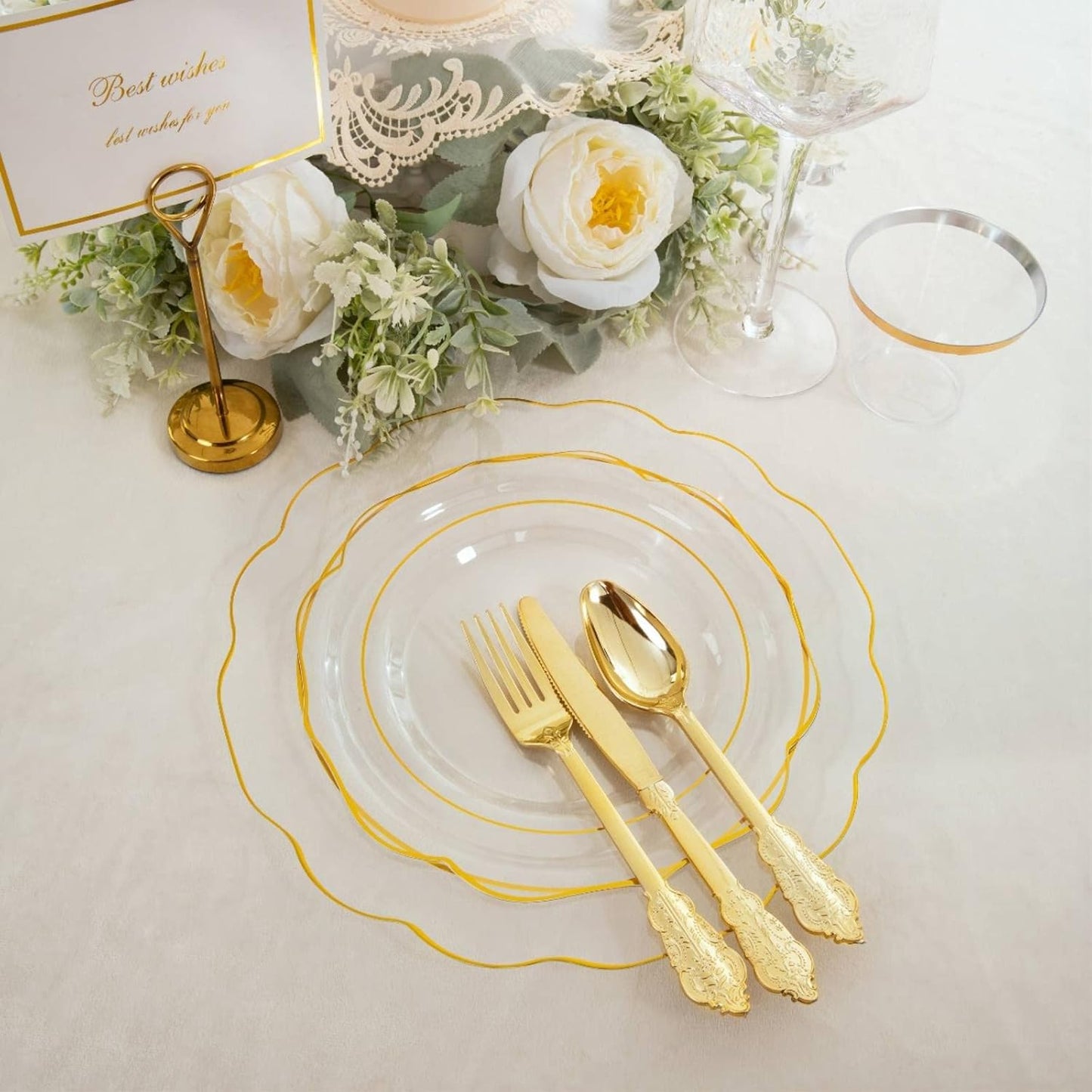 NOCCUR 50Guest Gold Rim Clear Plastic Plates&Disposable Silverware Cups-Include 100Plastic Plates, 150Gold Utensils, 50Cups and 50Napkins-Idea for Wedding/Fall Party/Thanksgiving