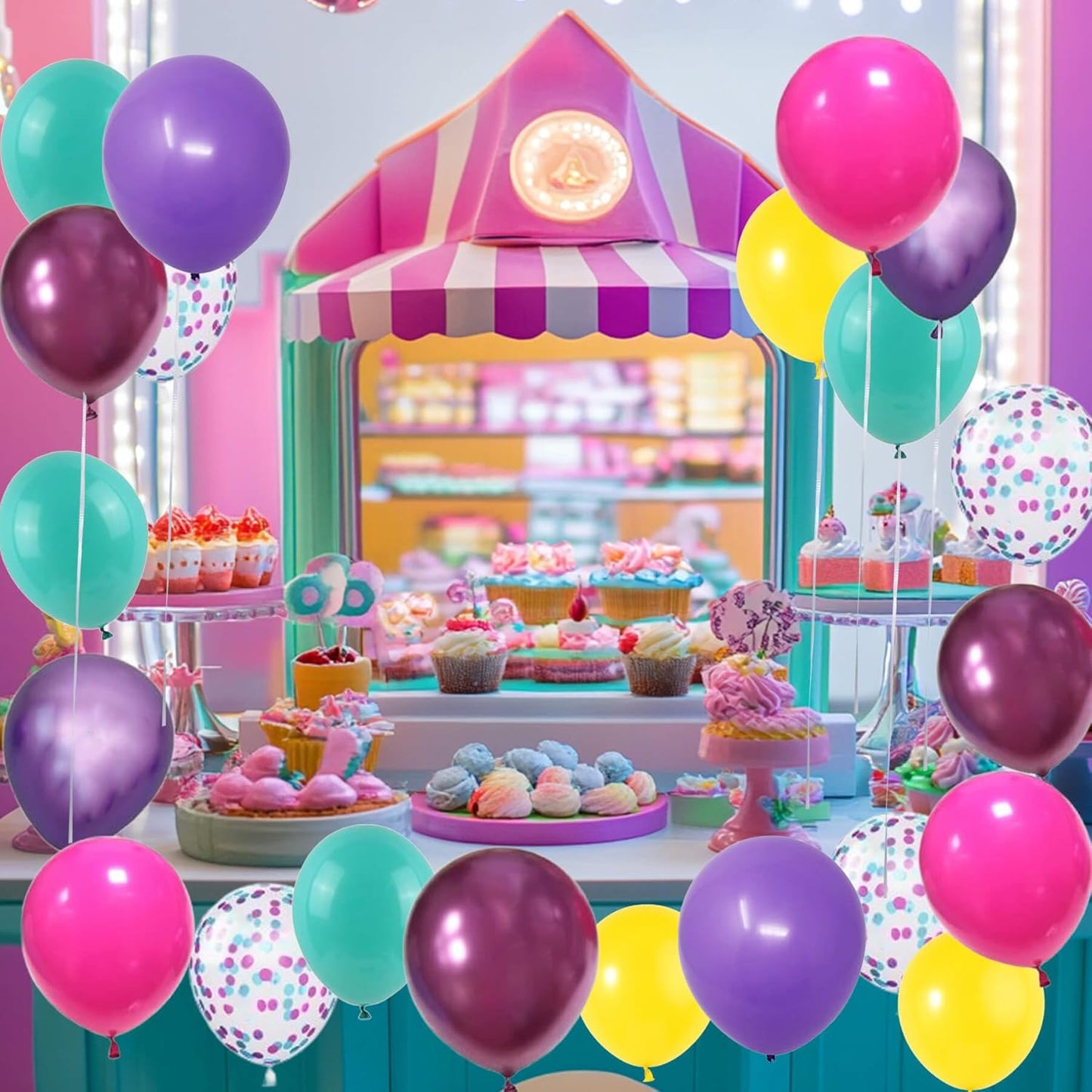 Pink Blue Purple Confetti Balloon for Birthday Party Decorations - 56Pcs 12in Hot Pink Yellow Teal Metallic Purple Multicolor Latex Balloons Bulk with Ribbon for Rainbow Colorful Girls Party Supplies