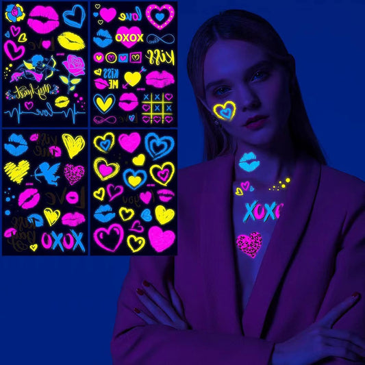 Neon Temporary Tattoos New Love Mixed Style Glitter Cupid Red Lips Heart Flower Glow In The Dark UV Neon Tattoos Stickers 60 Flash Fake Waterproof Tattoos for Women Girls Body Art