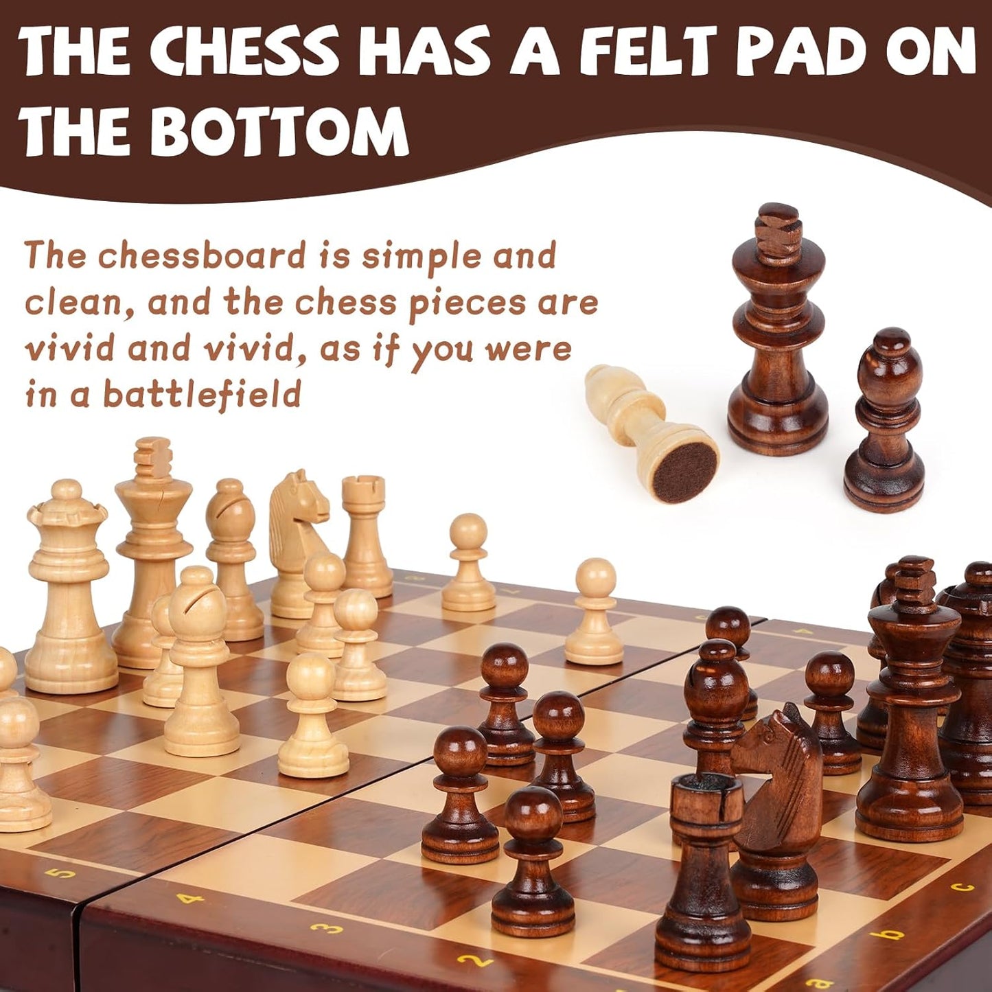 Wooden Magnetic Chess Set –15-Inch Foldable Wooden Chess Board with Magnetic Pieces, Portable Travel Chess Set for Adults and Kids, Classic Board Game with 2 Extra Queen