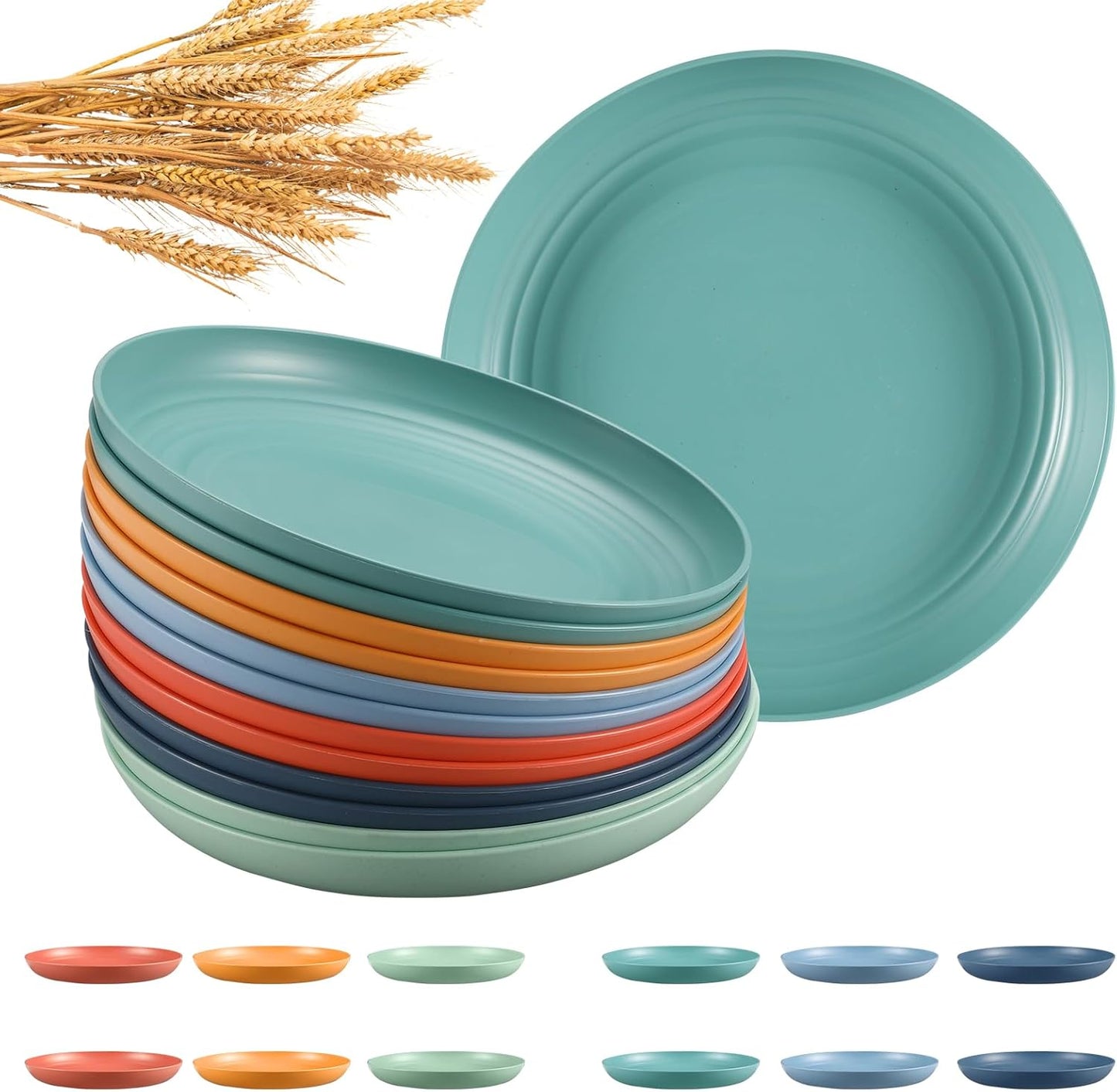12 Pcs Unbreakable Deep Dinner Plates Set, 10 inch Reusable Plastic Wheat Straw Plates, Microwave and Dishwasher Safe Plate for Kitchen, Lightweight Plate for Dessert, BPA Free, 6 Colors