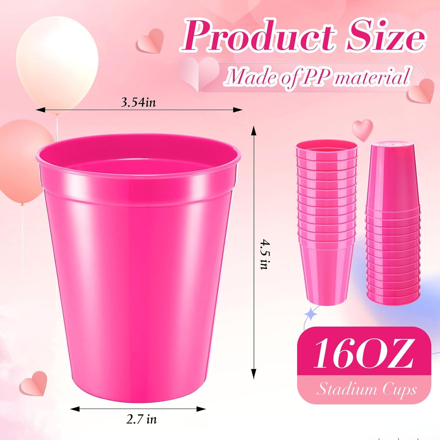 Yungyan 50 Pack 16oz Stadium Cups Reusable Plastic Cups Blank Drink Tumblers for Parties, Events, DIY Projects, 4.5 x 3.54 x 2.72 Inch (Rose Red)