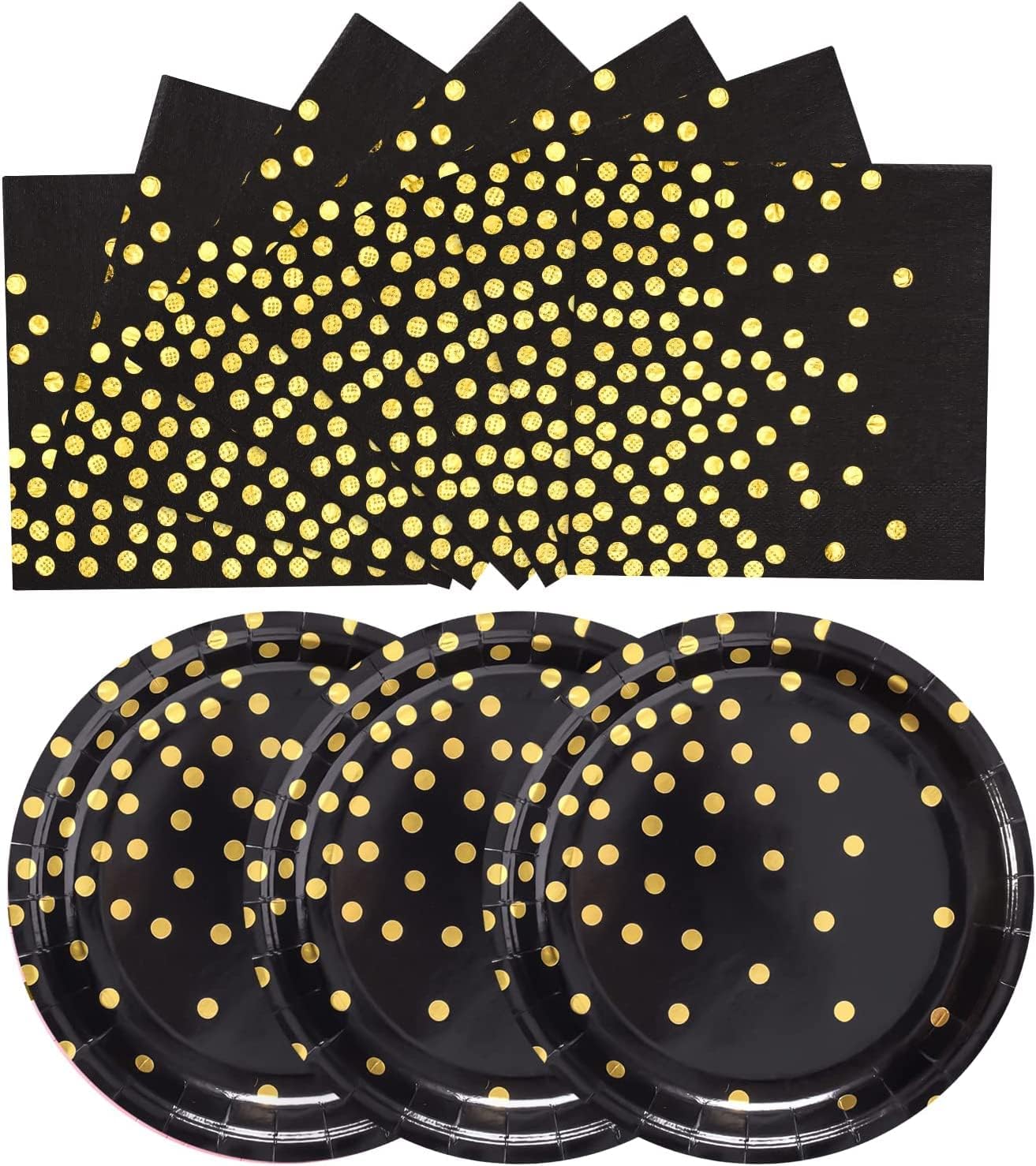 Black and Gold Paper Plates-50 Pack-25 * 7inch Paper Plates & 25 * 6.5inch Napkins,Black Plates and Napkins Party Supplies for Graduation Retirement,All Occasions