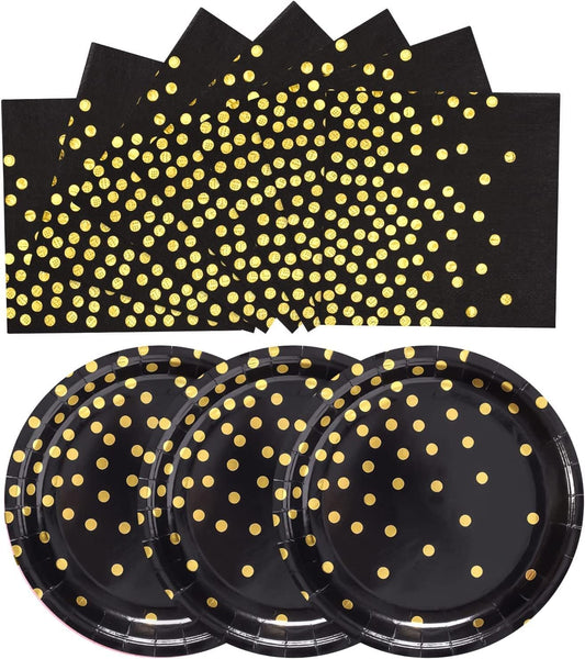 Black and Gold Paper Plates-50 Pack-25 * 7inch Paper Plates & 25 * 6.5inch Napkins,Black Plates and Napkins Party Supplies for Graduation Retirement,All Occasions