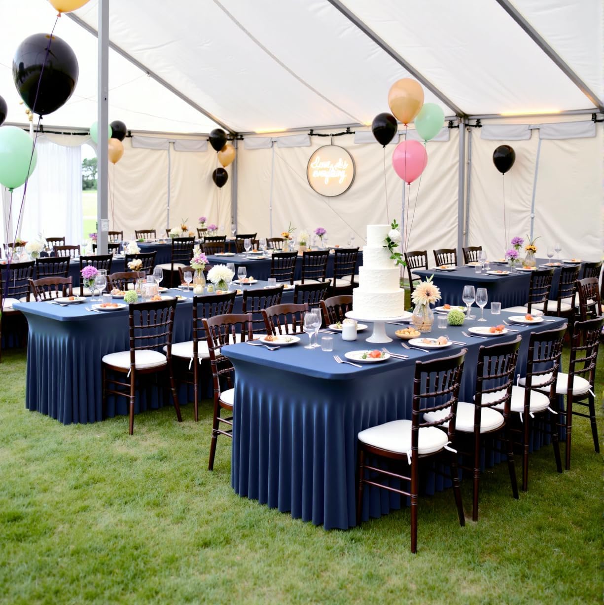 2 Pack Navy Blue Spandex Table Cloth for 6 Foot Rectangle Tables, Wrinkle Free Stretchy Tablecloths with Skirt Fitted Table Covers for Parties Weddings Birthday Banquet Baby Shower