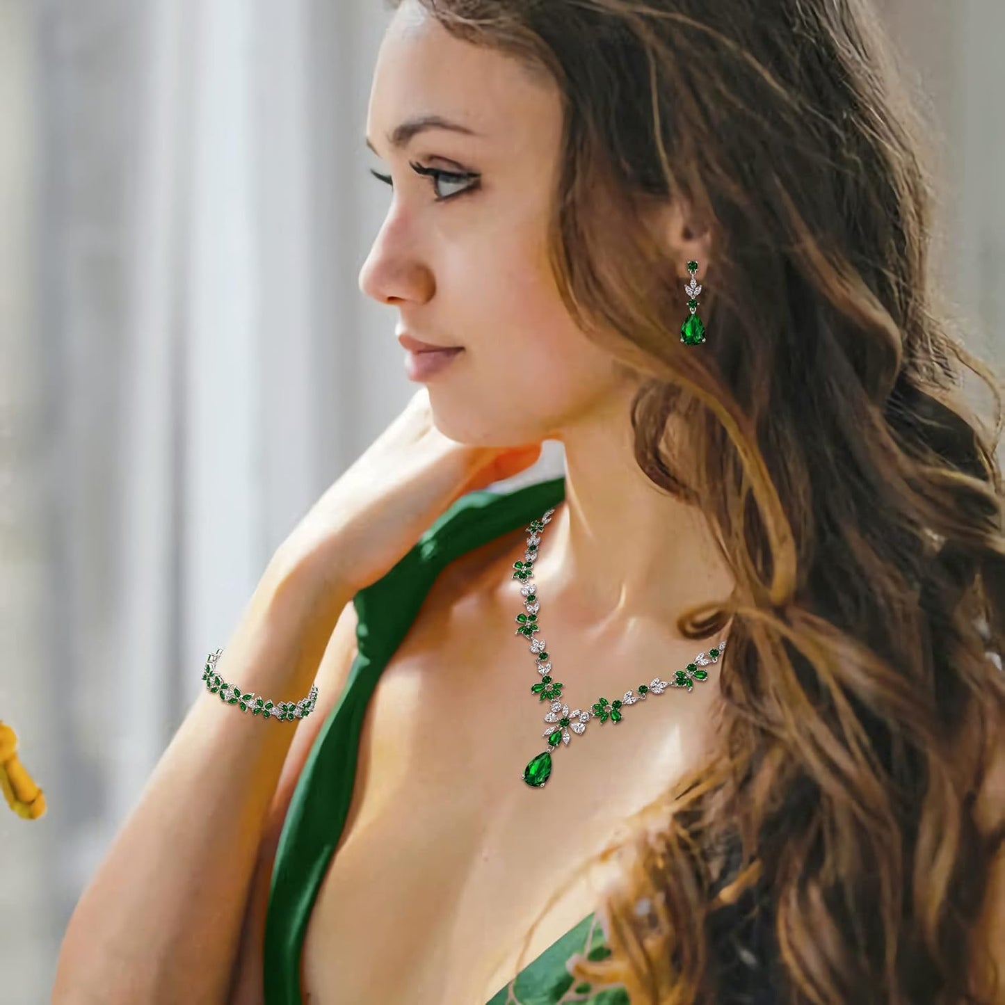 Crysdue Wedding Jewelry Set for Women, Floral Leaf Vine Teardrop Necklace Dangle Earrings Bracelet and Hair Comb, Cubic Zirconia Elegant Party Prom Jewellery for Bridal Bridesmaid