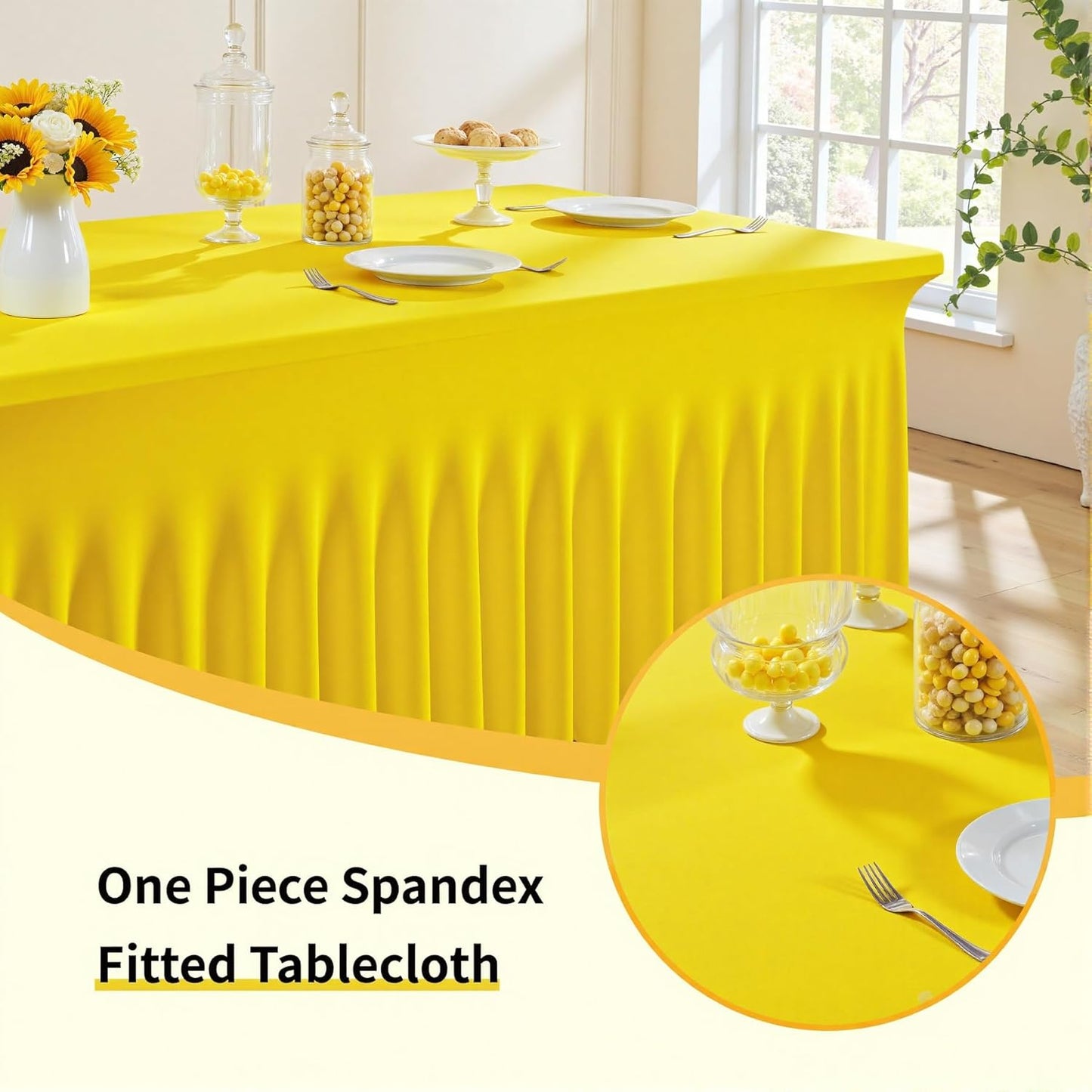 Outpain 6ft Spandex Table Cloth for Standard Folding Tables-6Pack Yellow Table Cloth Table Protector for Party, Wedding, Cocktail, Banquet, Festival