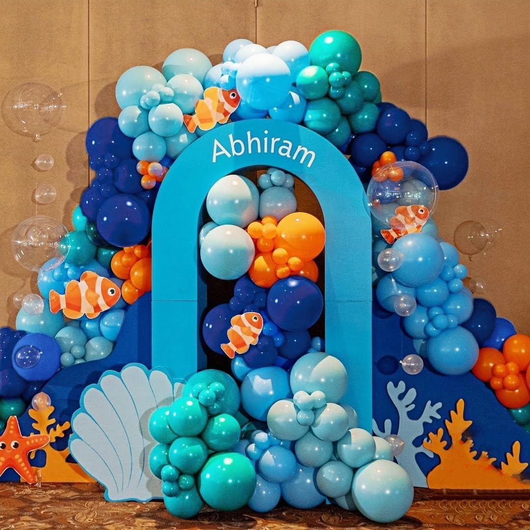 202 PCS Under the Sea Party Decorations Balloons Arch, Teal Blue Balloon Arch Garland Kit, DIY Octopus Clear Balloons Ocean Birthday Party Themed Decoration for Marine Shark Baby Shower Decor