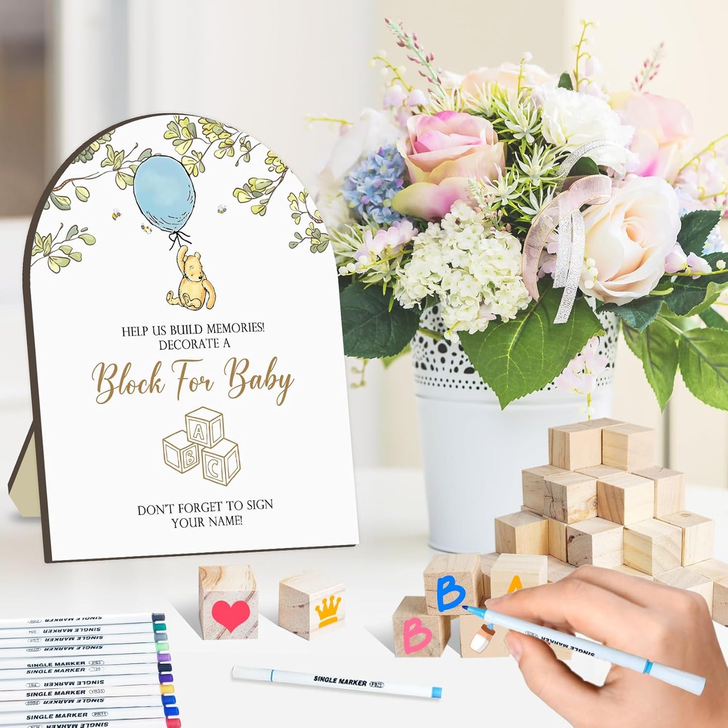 75 PCS Winnie Baby Shower Games Kit, The Pooh Baby Shower Decor, The Pooh Babies Games with 50 Blank Wooden Blocks & 24 Acrylic Paint Marker, Winnie Wooden Game Sign for Gender Reveal Party Decor