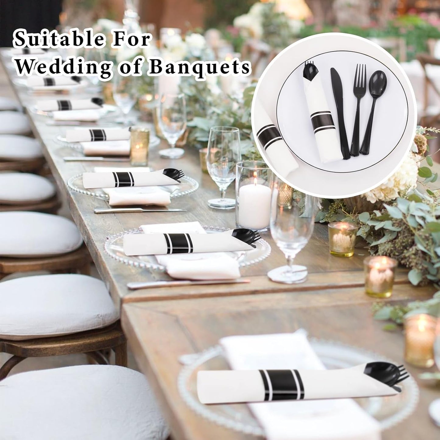 Supernal 120 Pack Black Plastic Silverware,Rolled Silverware Disposable,Pre Wrapped Cutlery Set with Napkin,Plastic Utensils Heavy Duty, Rolled Black Cutlery