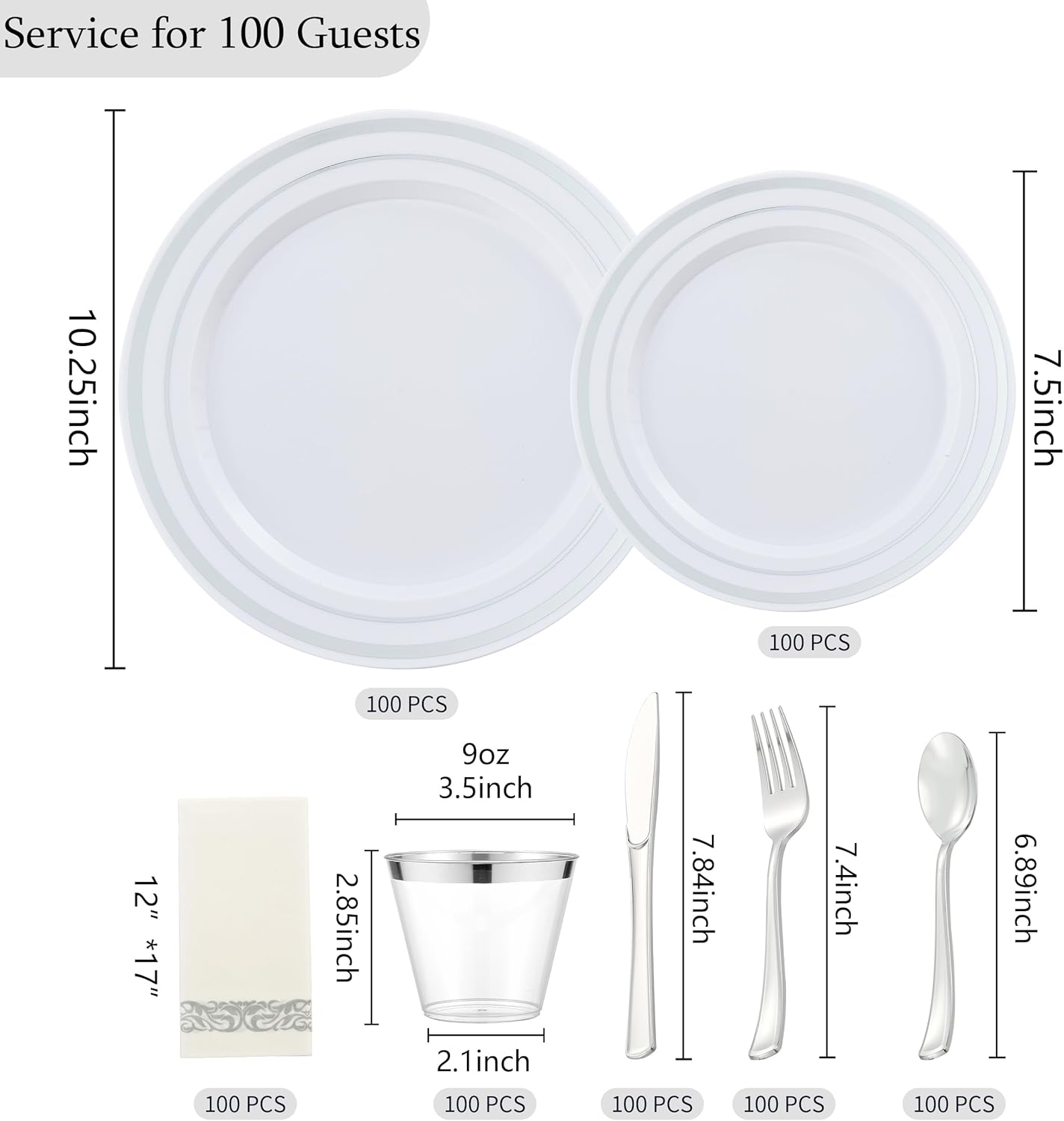 700 PCS Silver Plastic Dinnerware for 100 Guests, Silver Disposable Plate for Party Wedding with 100 Dinner Plates, 100 Dessert Plates, 100 Silverware Set, 100 Cups, 100 Napkins