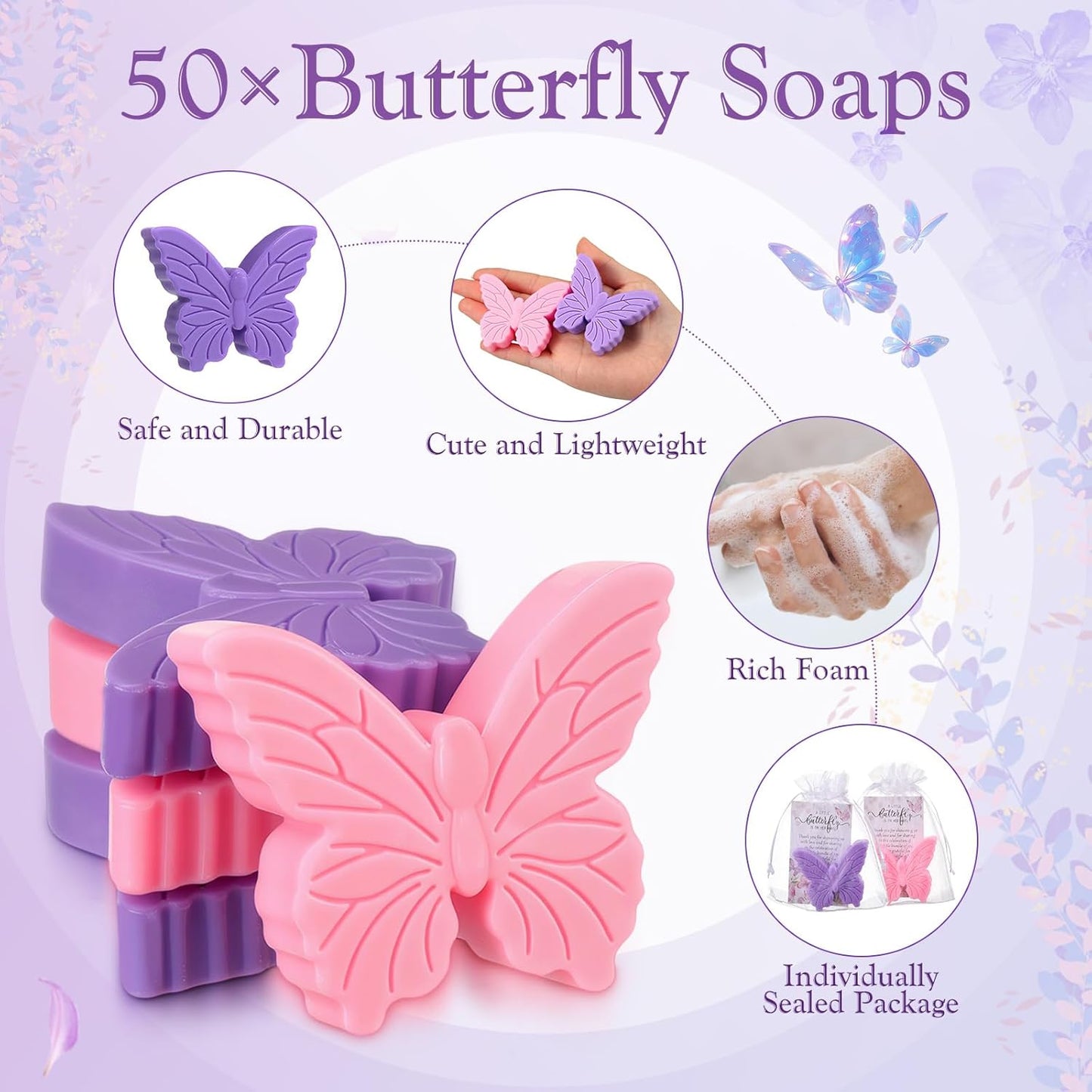 50 Sets Butterfly Themed Baby Shower Favors Butterfly Soap with Thank You Cards Gift Bag for Guest Gender Reveal Party Decorations Baby Shower Game Prizes Wedding Favor(Pink and Purple)