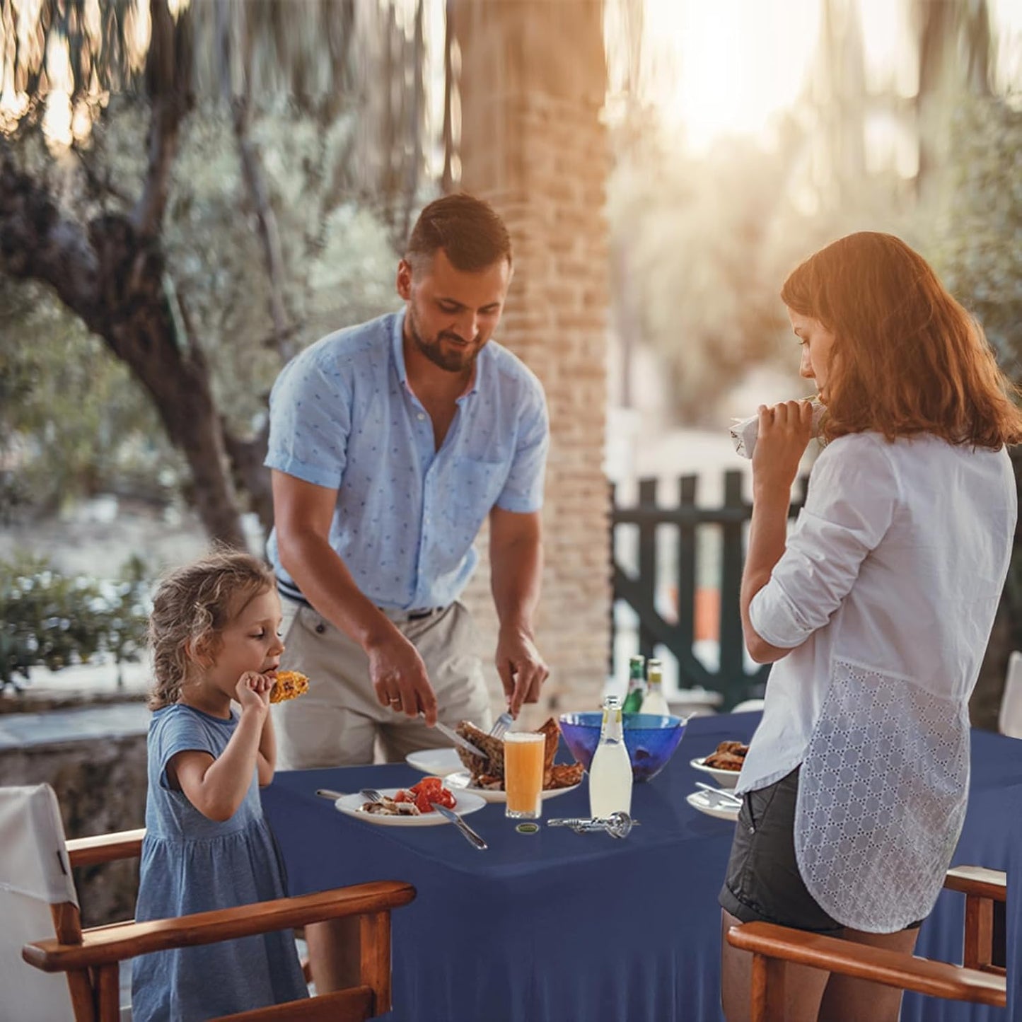 Table Skirts for Rectangle Tables 8ft - One-Piece Navy Blue Tablecloths and Skirt, Wrinkle Resistant Ruffles Elastic Cover for Banquets, Weddings, Events, Parties