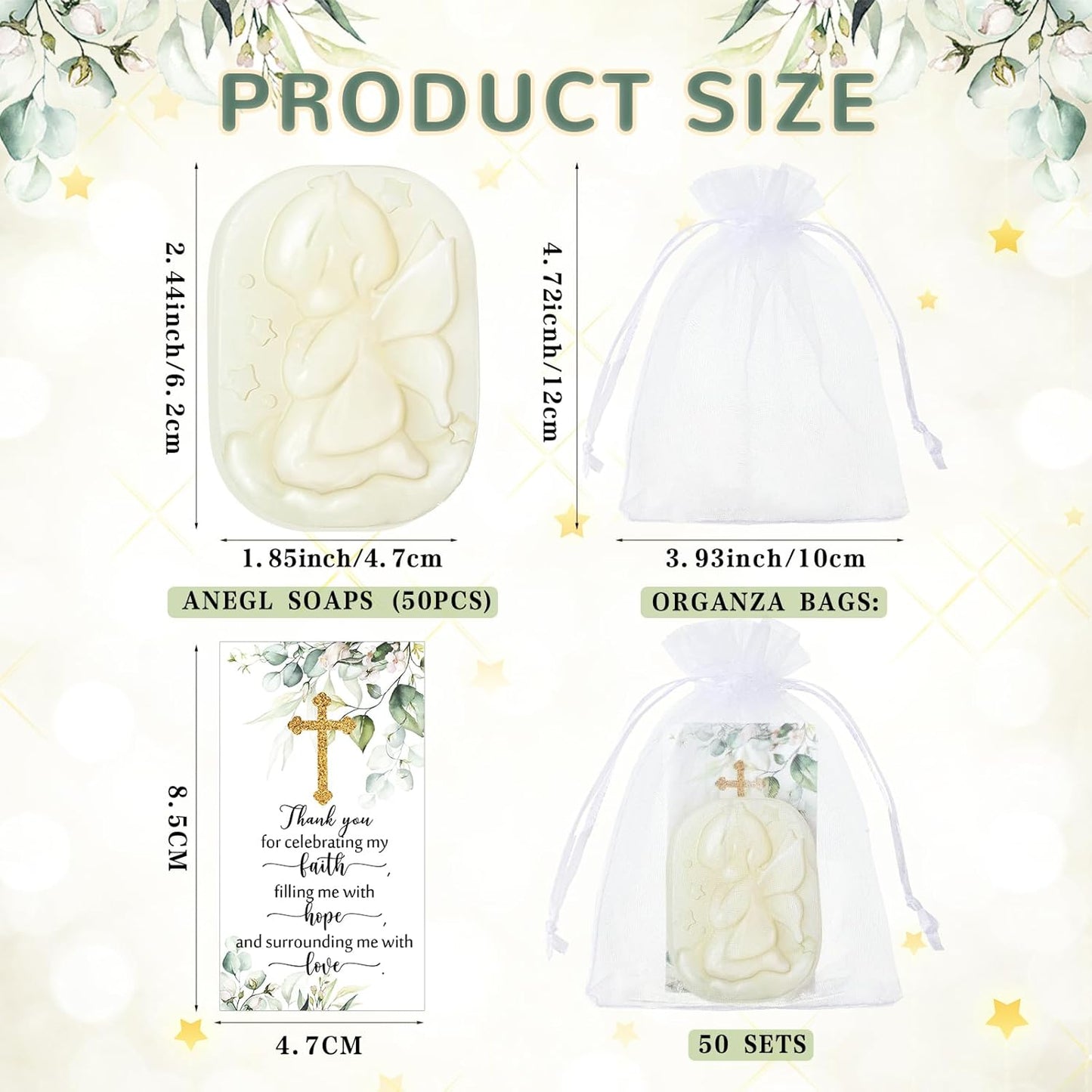 50 Sets Baptism Party Favors for Guests Baptism Soap Bulk Angel Shaped Soap with Thank You Gift Tags and Organza Bags for Religious Christian Christening Communion Wedding Bridal Baby Shower